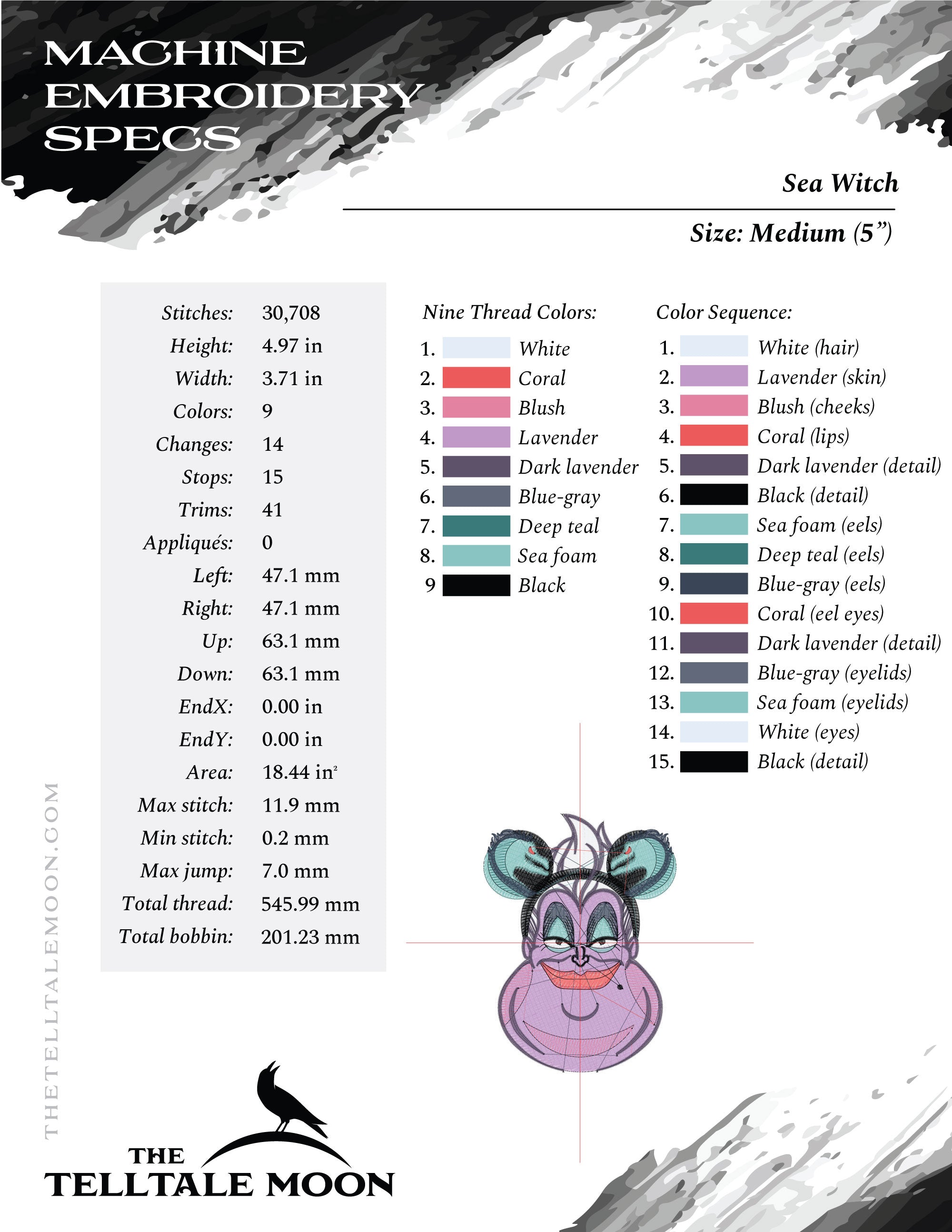 Embroidery Set: Sea Witch with Eel Ears in 4, 5, and 6 Inch Sizes