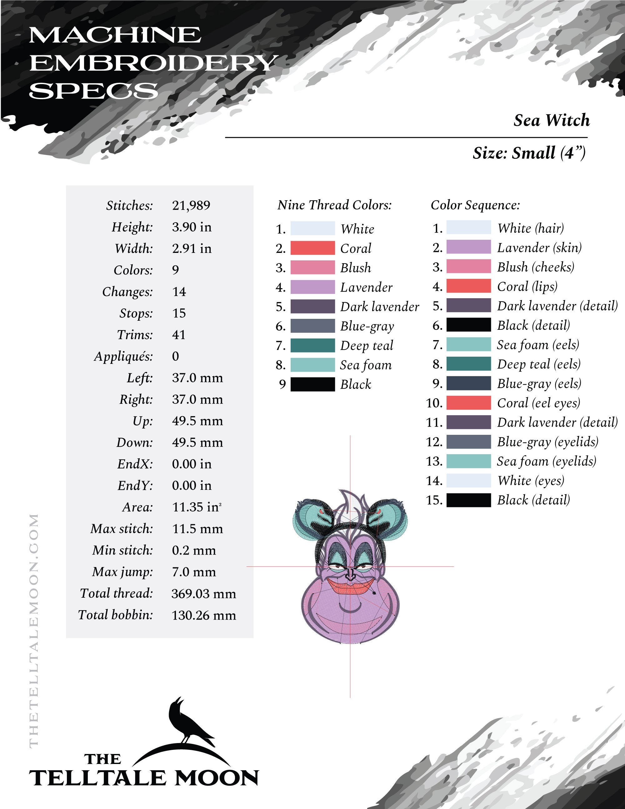 Embroidery Set: Sea Witch with Eel Ears in 4, 5, and 6 Inch Sizes