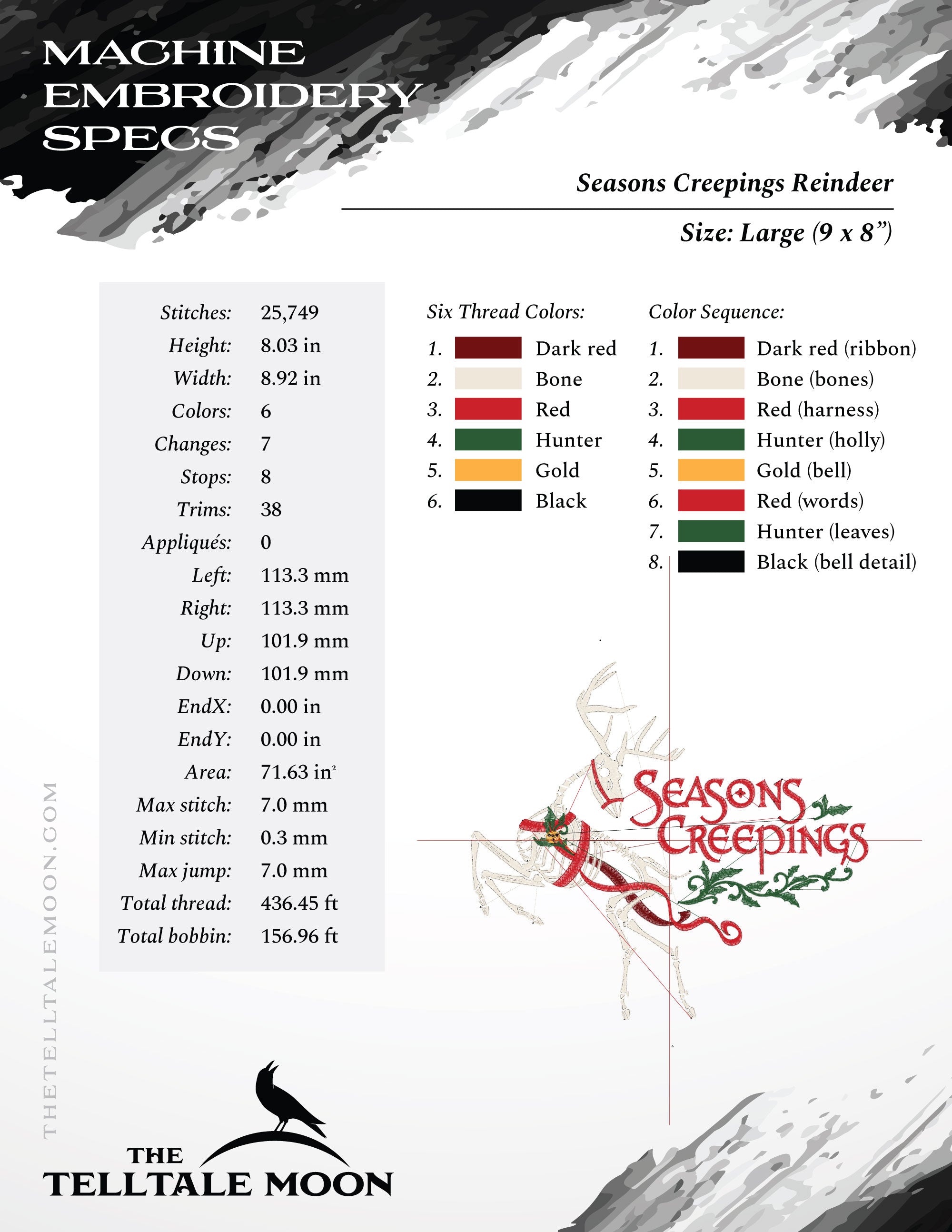 Creepmas Holiday "Seasons Creepings" Deer - Four Sizes, Six Thread Colors