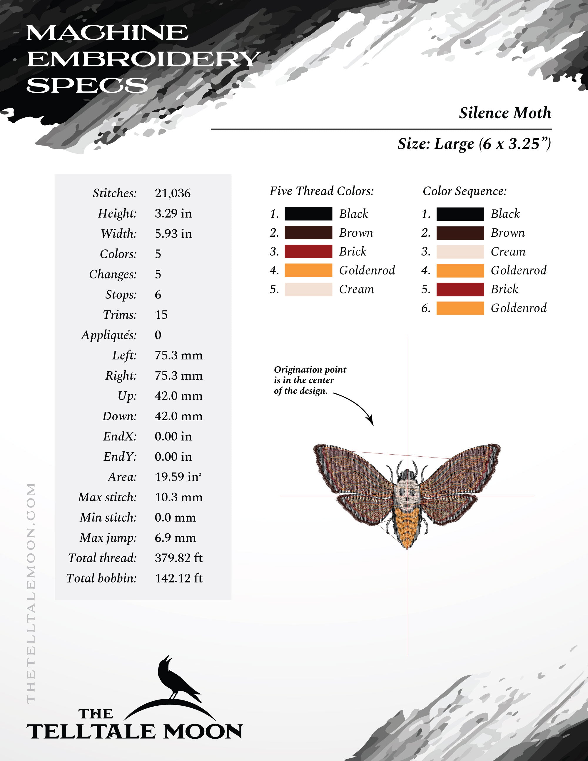 Embroidery: Horror-themed Moth - Four Sizes 4 to 7 Inches Wide