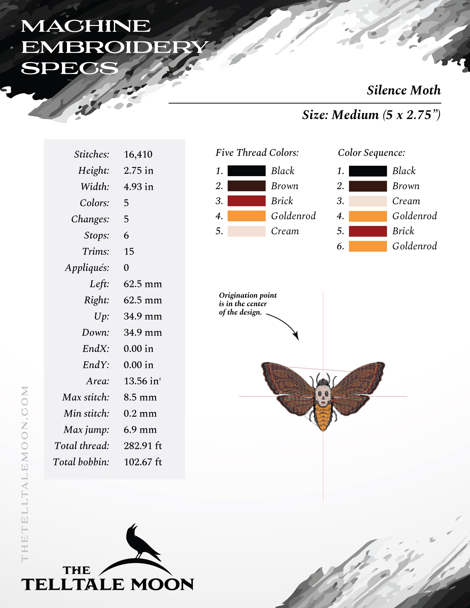 Embroidery: Horror-themed Moth - Four Sizes 4 to 7 Inches Wide