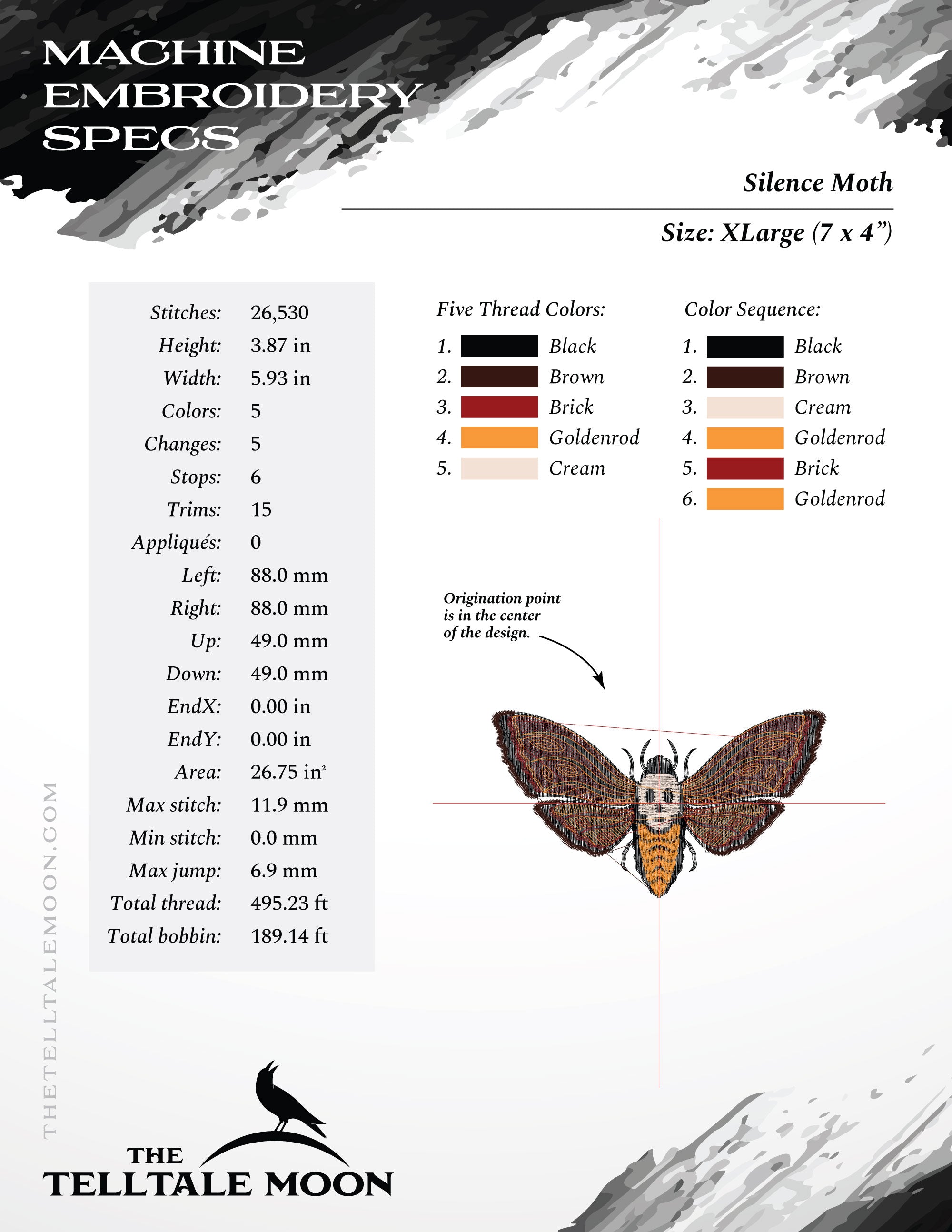 Embroidery: Horror-themed Moth - Four Sizes 4 to 7 Inches Wide