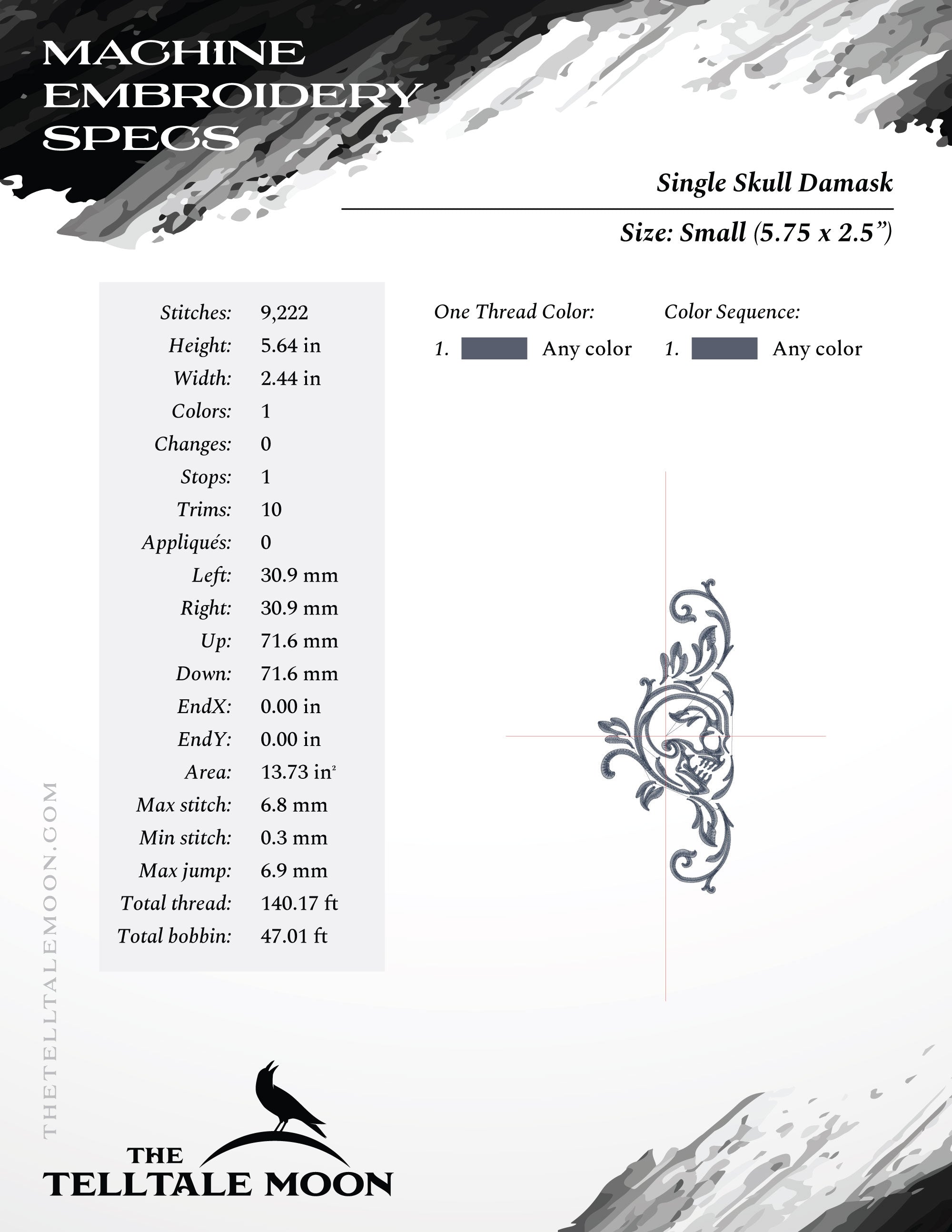 Embroidery: SET of Gothic Skull Damask Designs - Includes Double, Single, and Skull in Four Sizes