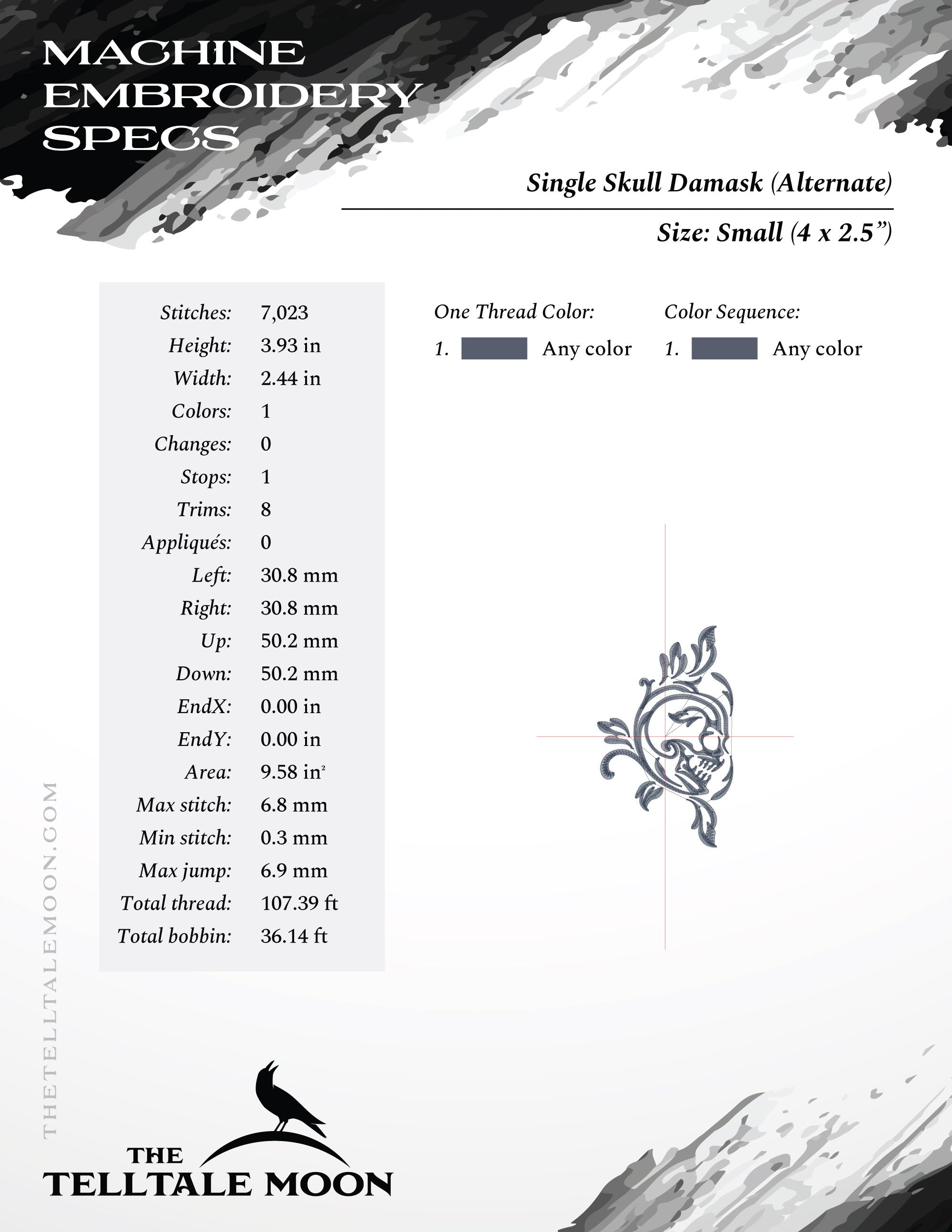 Embroidery: SET of Gothic Skull Damask Designs - Includes Double, Single, and Skull in Four Sizes