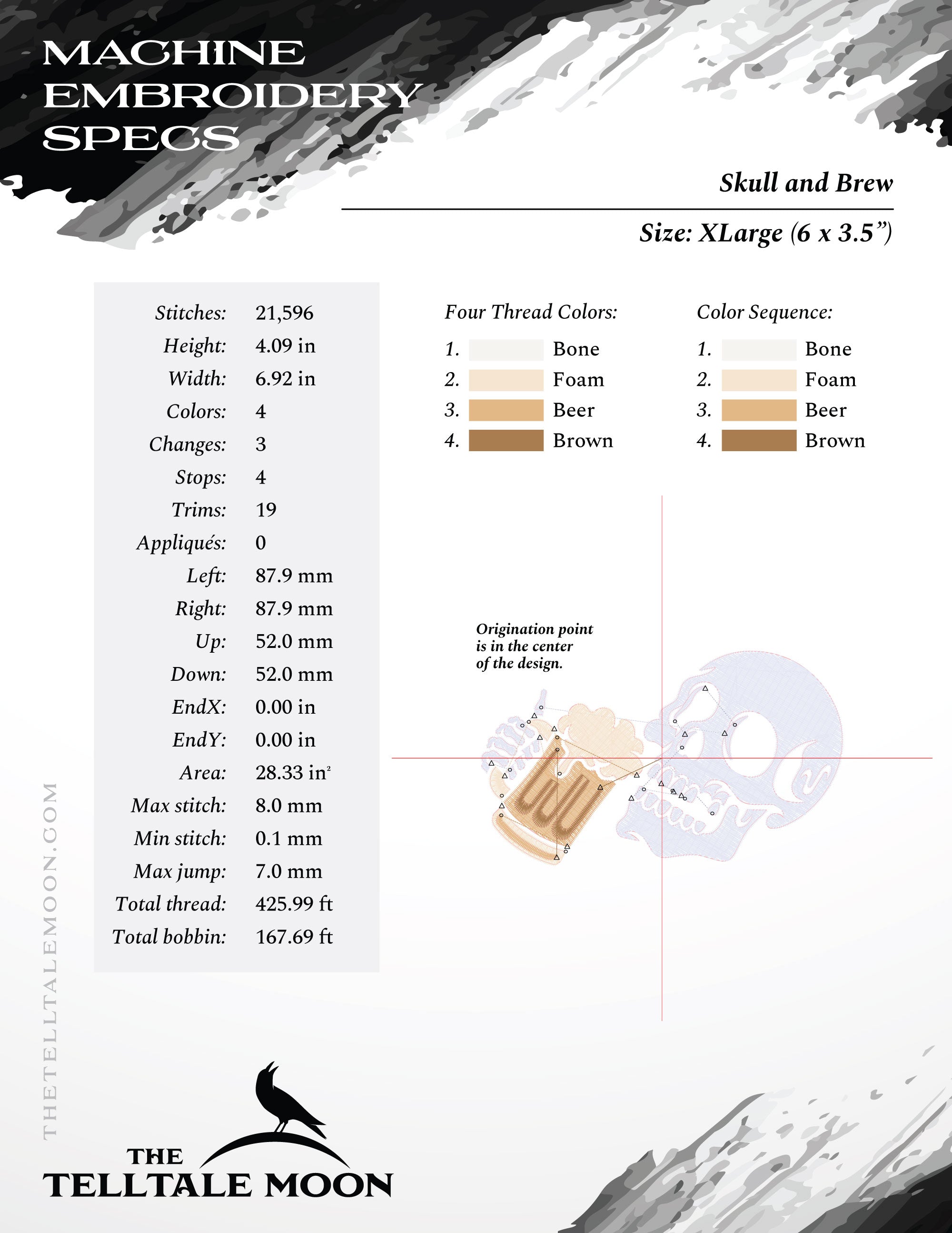 Embroidery: Skull and Brew - Five Sizes Between 3.5 and 7 Inches