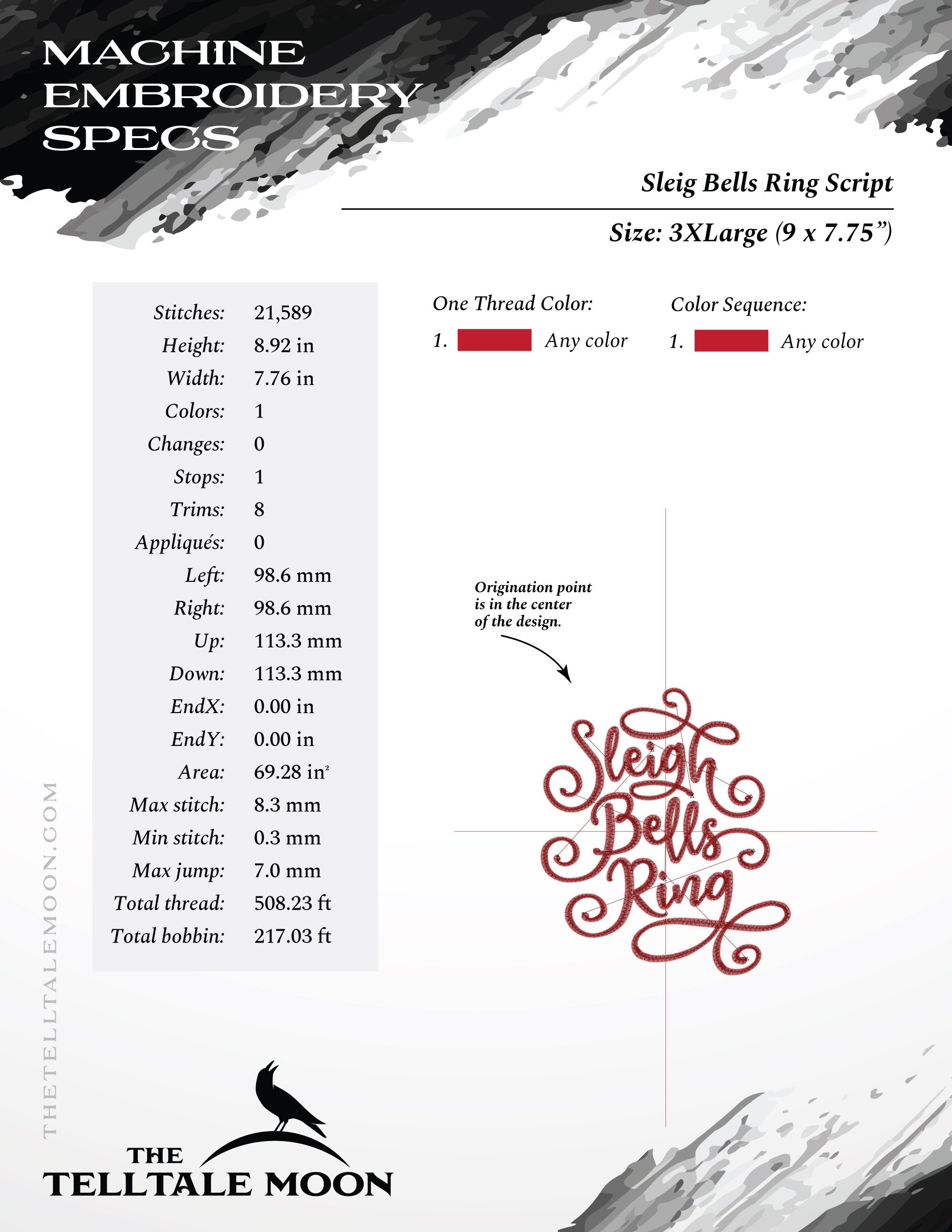 Embroidery: "Sleigh Bells Ring" Script - Five Sizes 4 to 8 Inches Tall