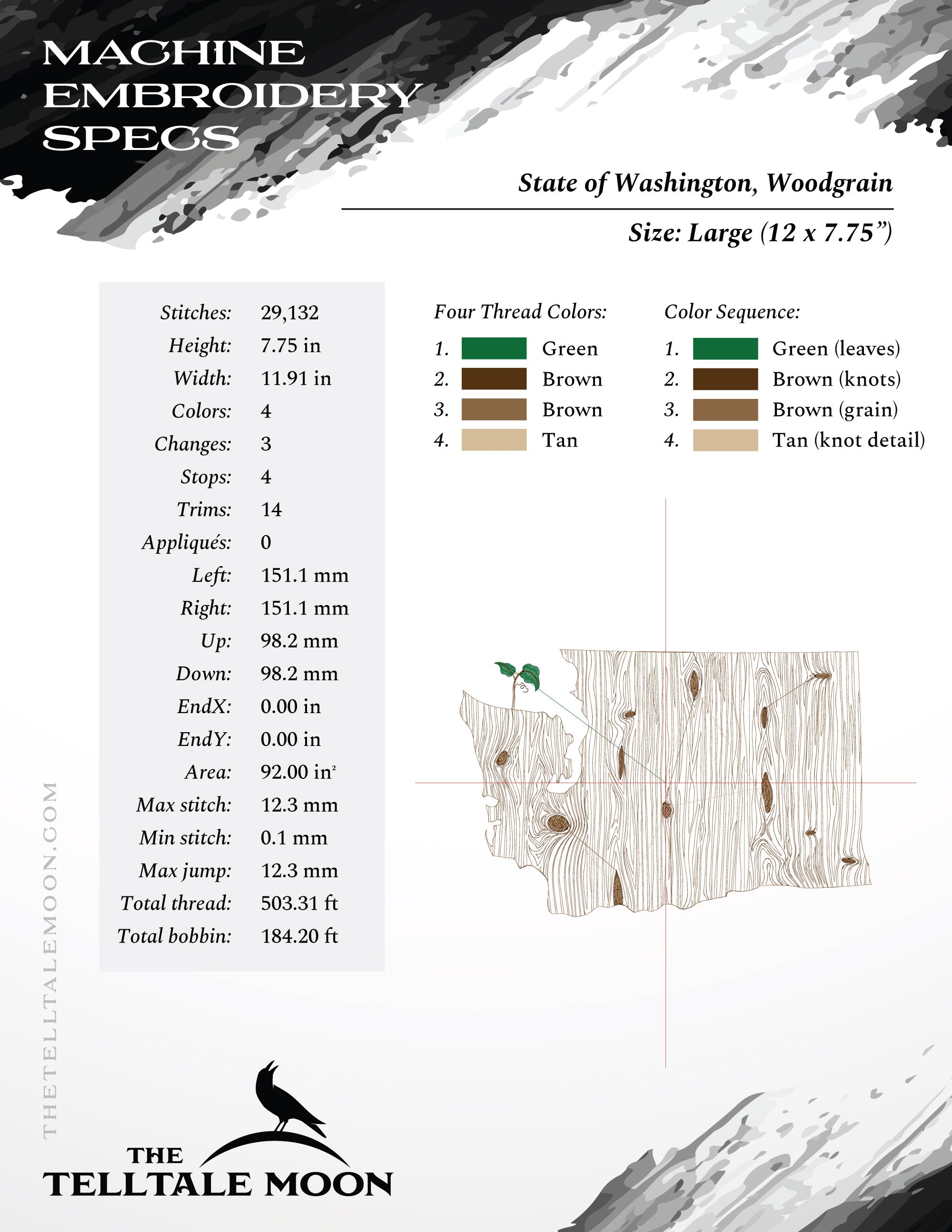 Embroidery: Washington Woodgrain - Four Sizes Between 7 and 12 Inches Wide