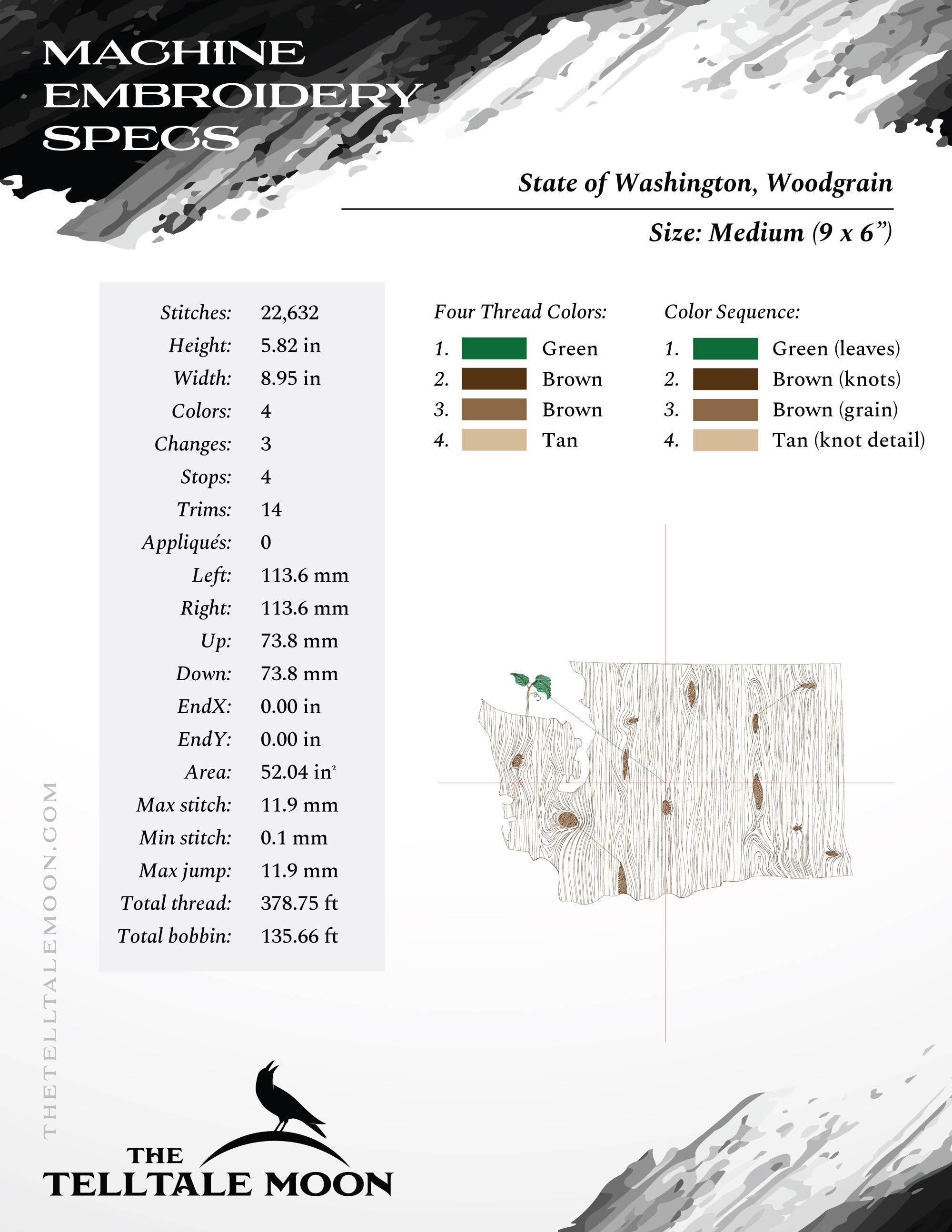 Embroidery: Washington Woodgrain - Four Sizes Between 7 and 12 Inches Wide