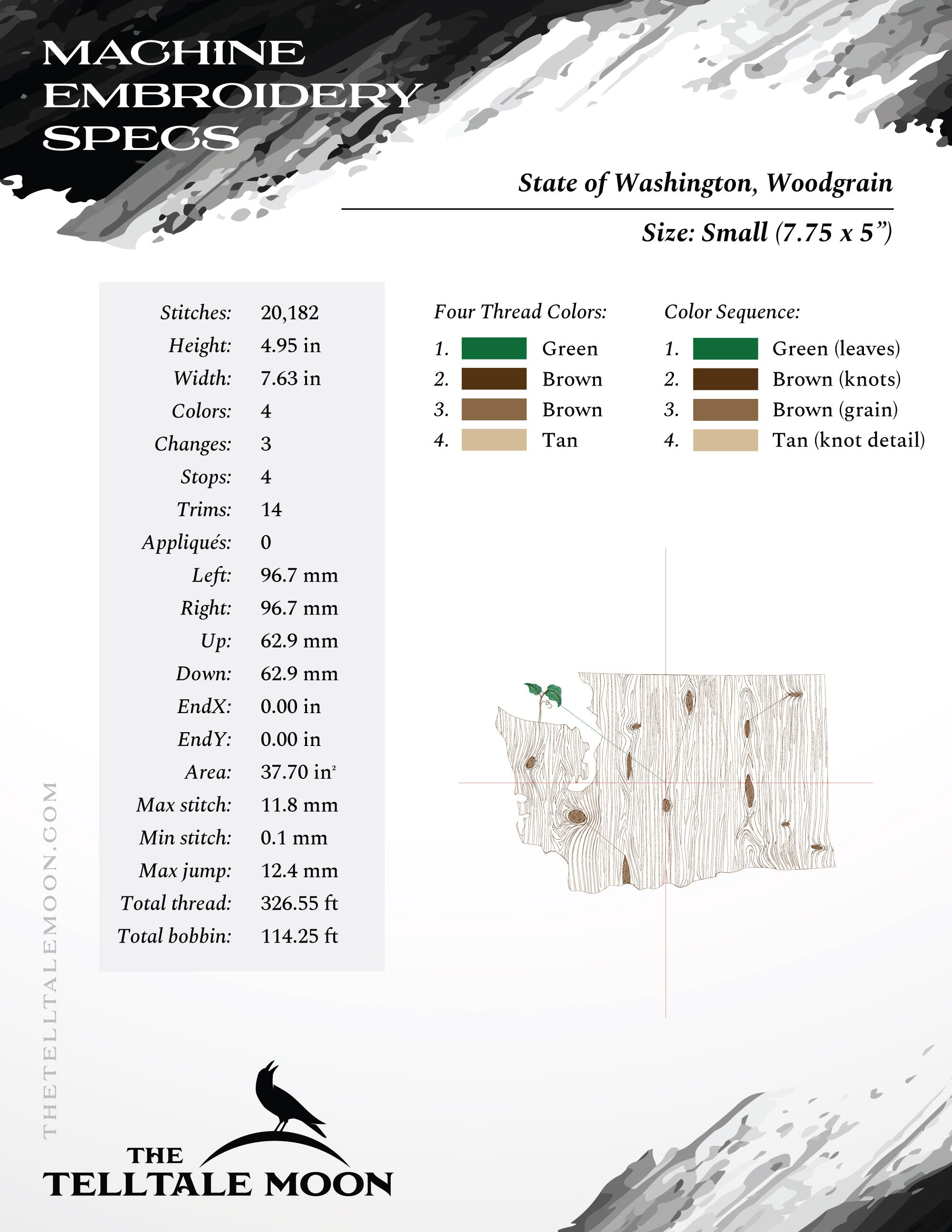 Embroidery: Washington Woodgrain - Four Sizes Between 7 and 12 Inches Wide