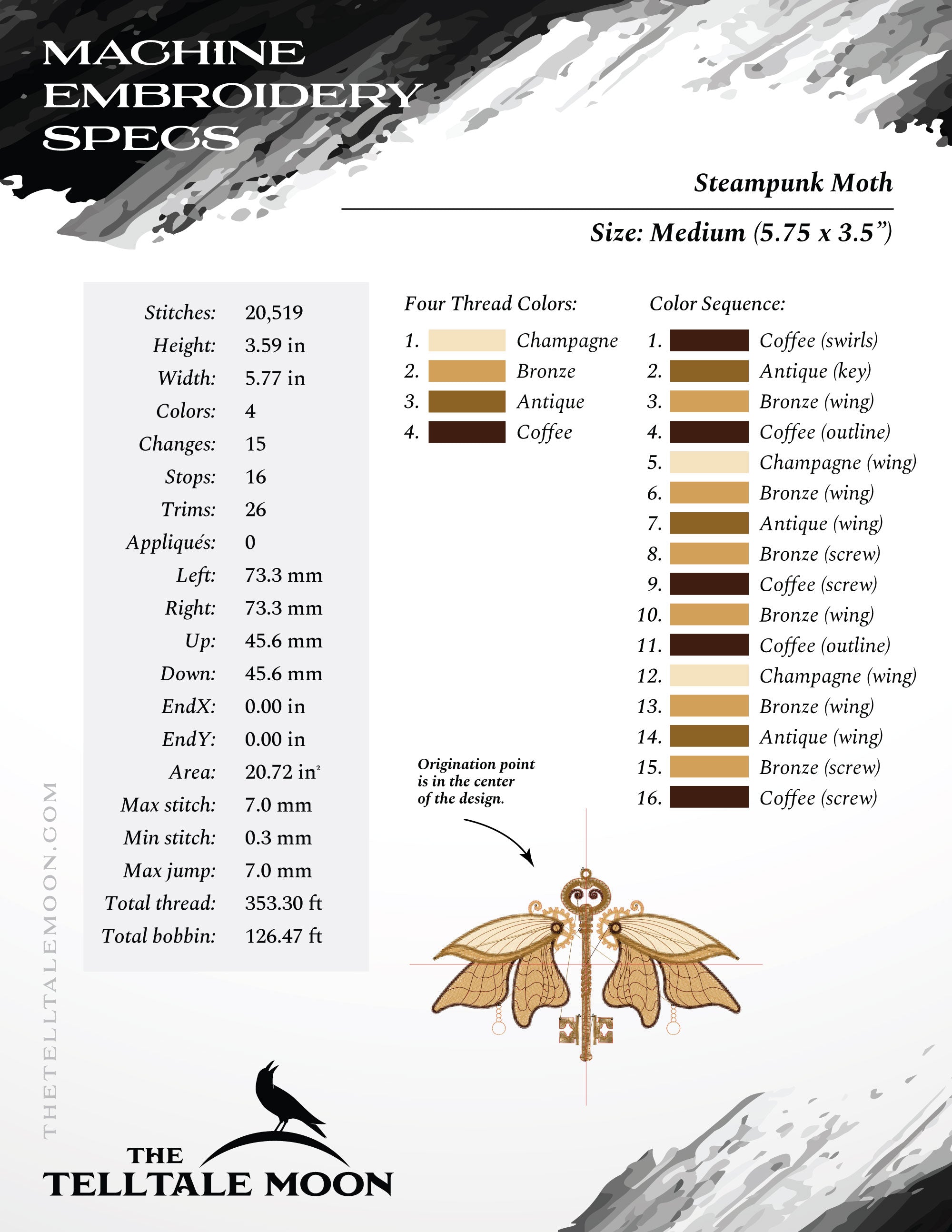Embroidery: Steampunk Moth - 4, 5, 6, 7, and 8 Inch Versions