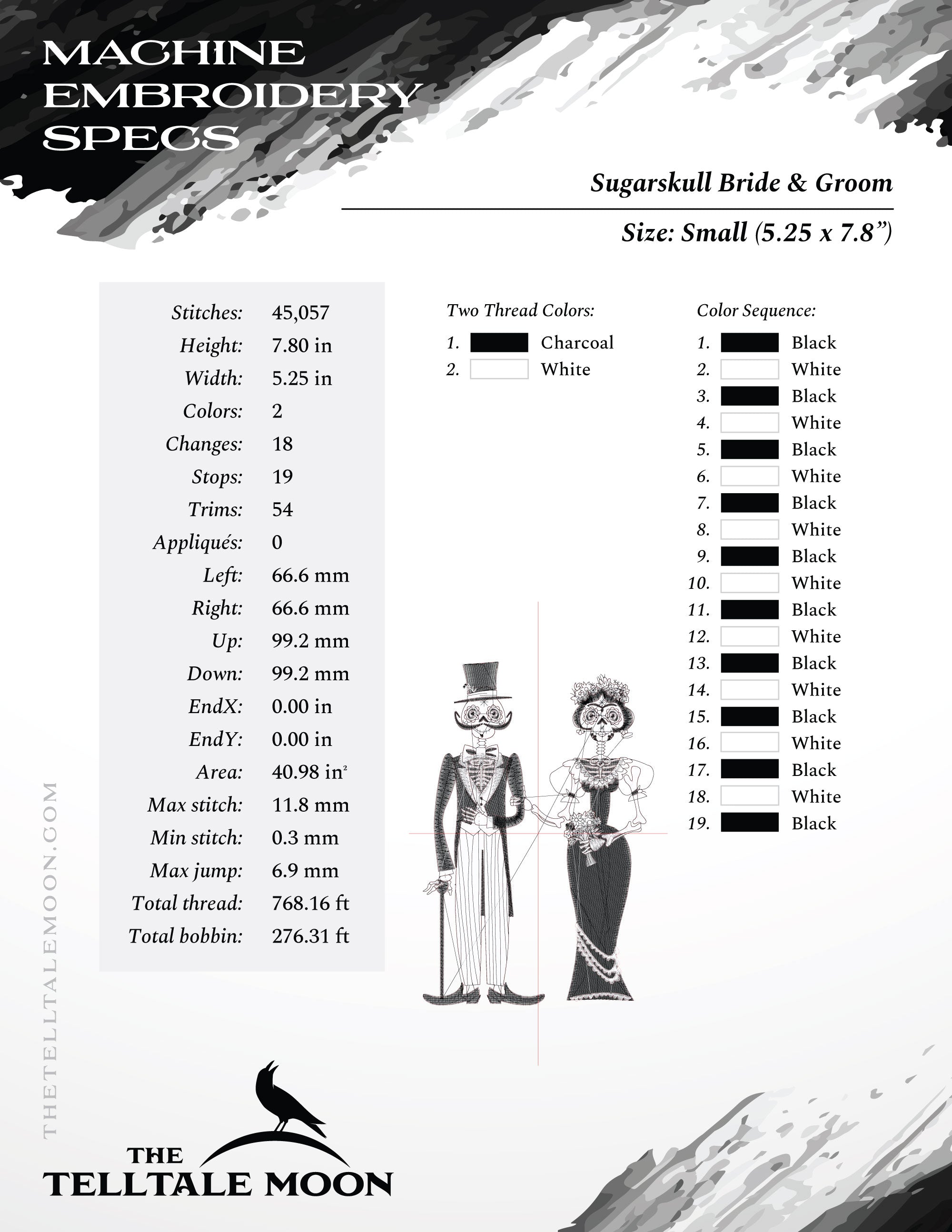 Embroidery: Gothic Sugarskull Day of the Dead Couple (7, 8, 9, 10 Inches, Two Thread Colors)