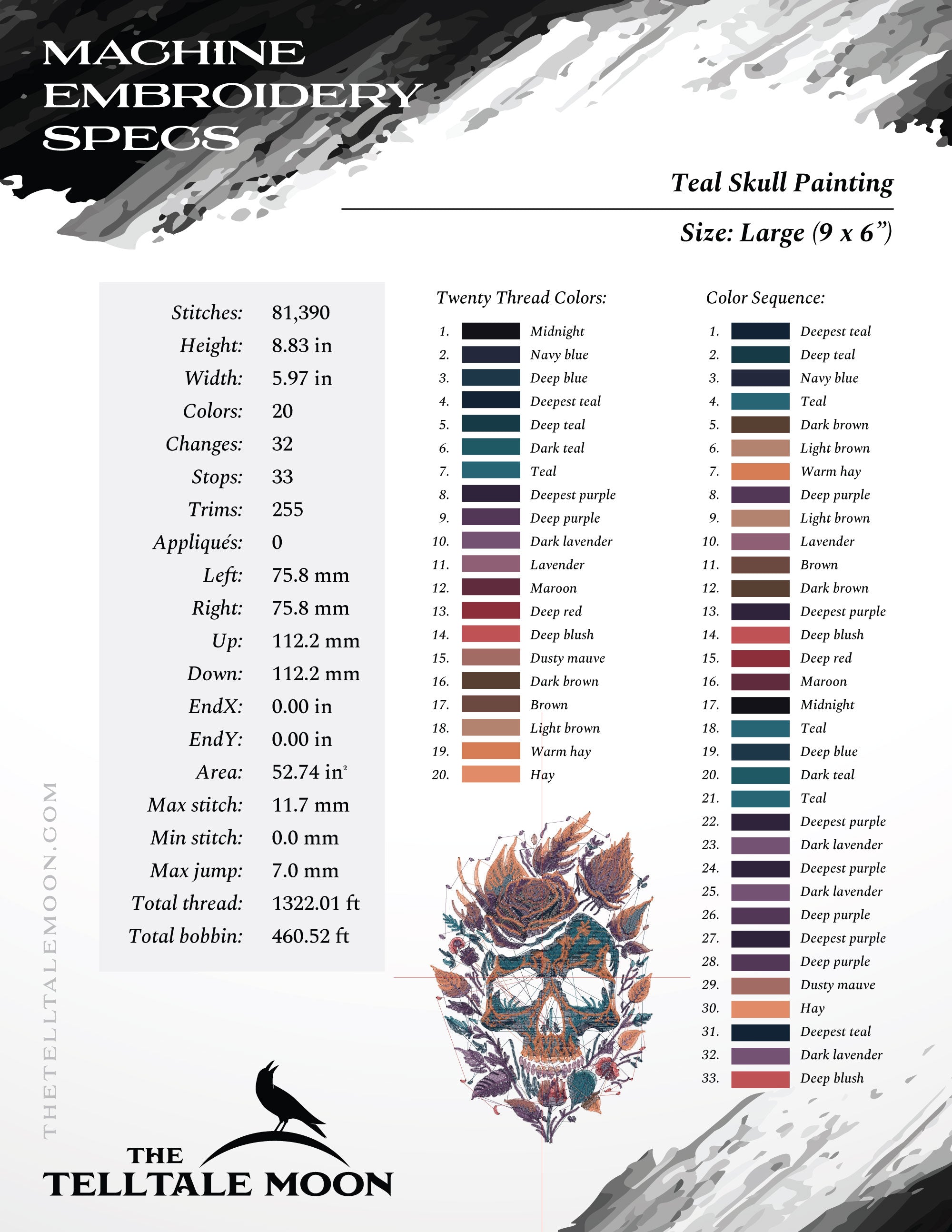 Embroidery: Elaborate Skull & Flower Painting (6, 7, 8, 9, and 10 Inches Tall; Twenty Thread Colors)