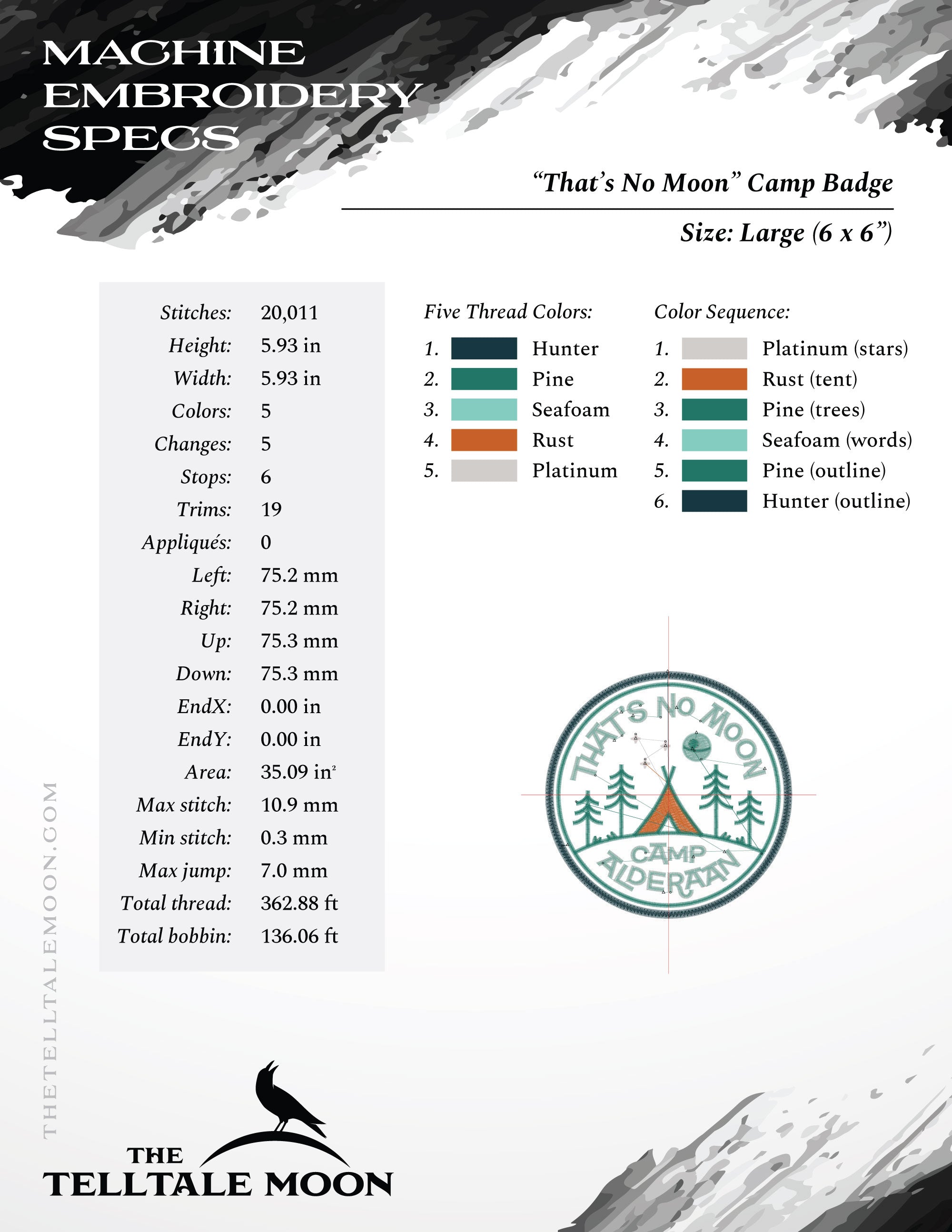 Embroidery: "That's No Moon" Space Camp Design - Eight Sizes 4 to 12 Inches