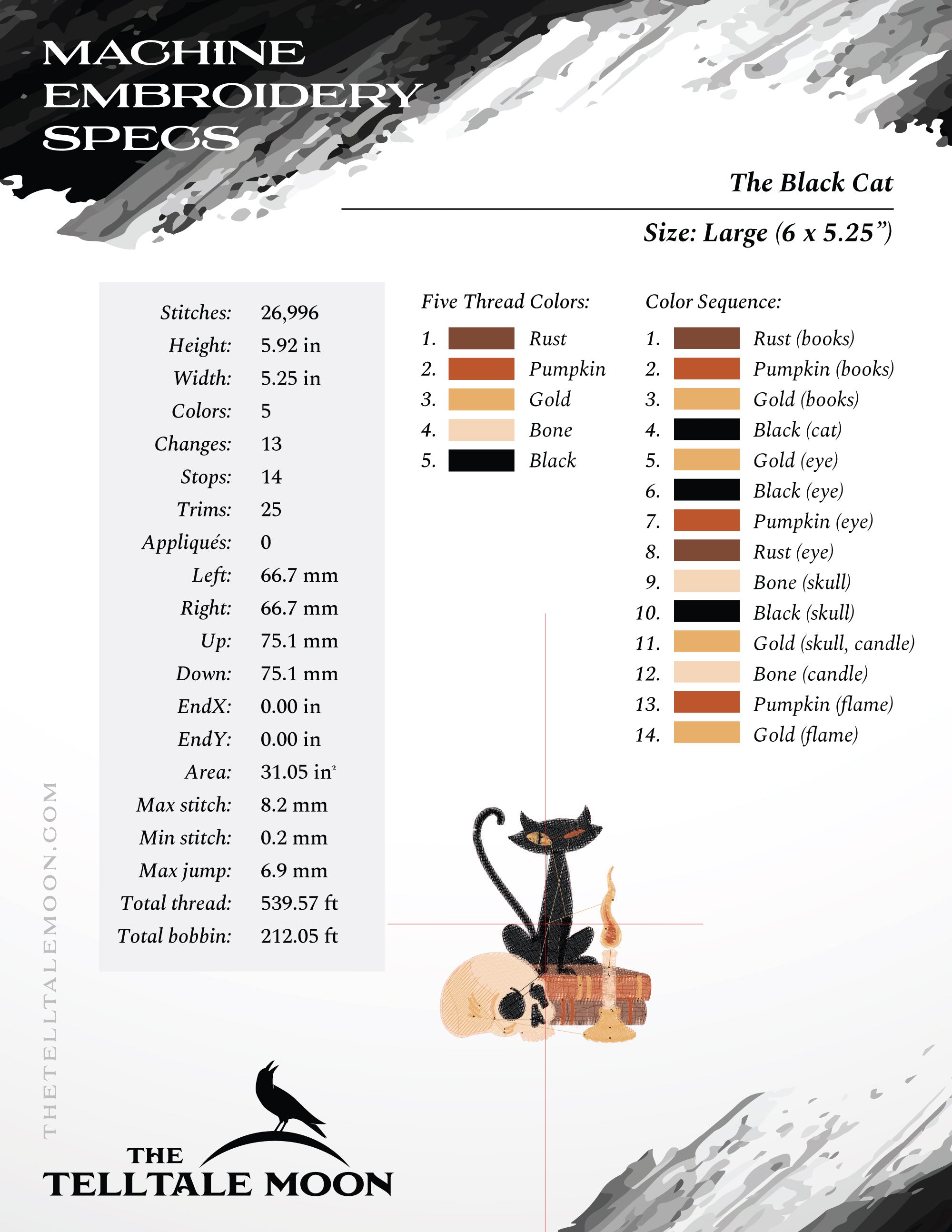 Embroidery: Poe-inspired "The Black Cat" - Four Sizes from 3.5 to 6 Inches