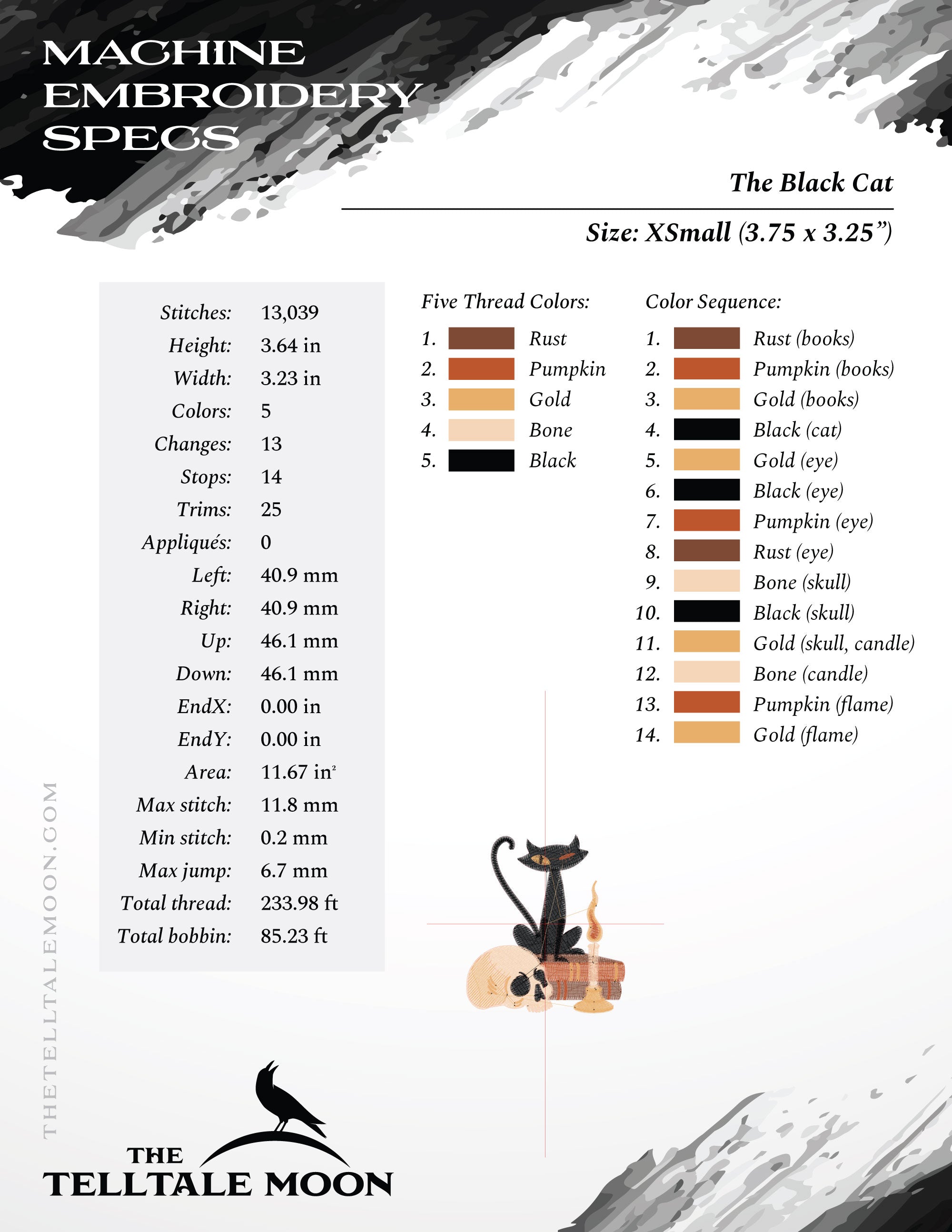 Embroidery: Poe-inspired "The Black Cat" - Four Sizes from 3.5 to 6 Inches