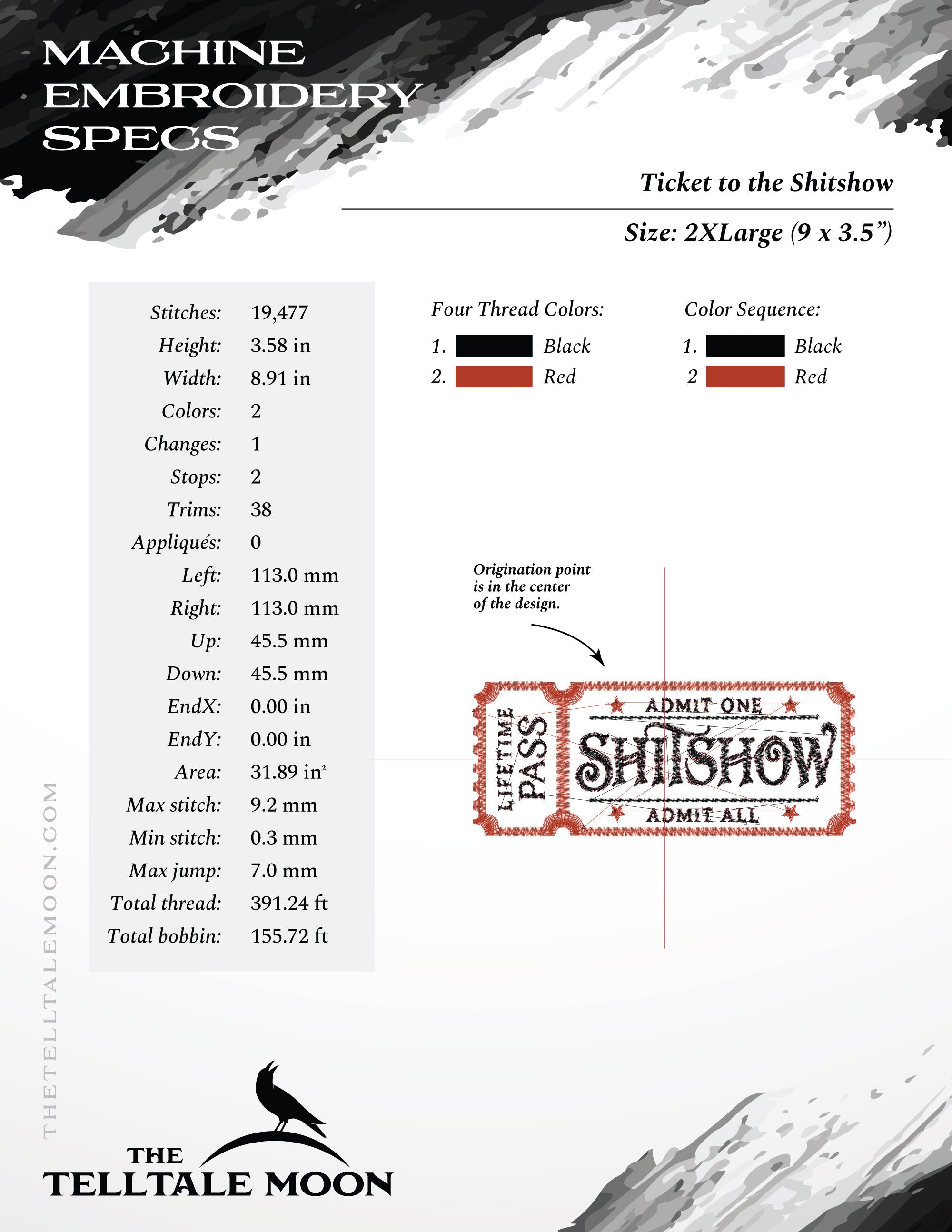 Embroidery: "Ticket to the Shitshow" Vaudeville-style Pass - 5, 6, 7, 8, and 9 Inches