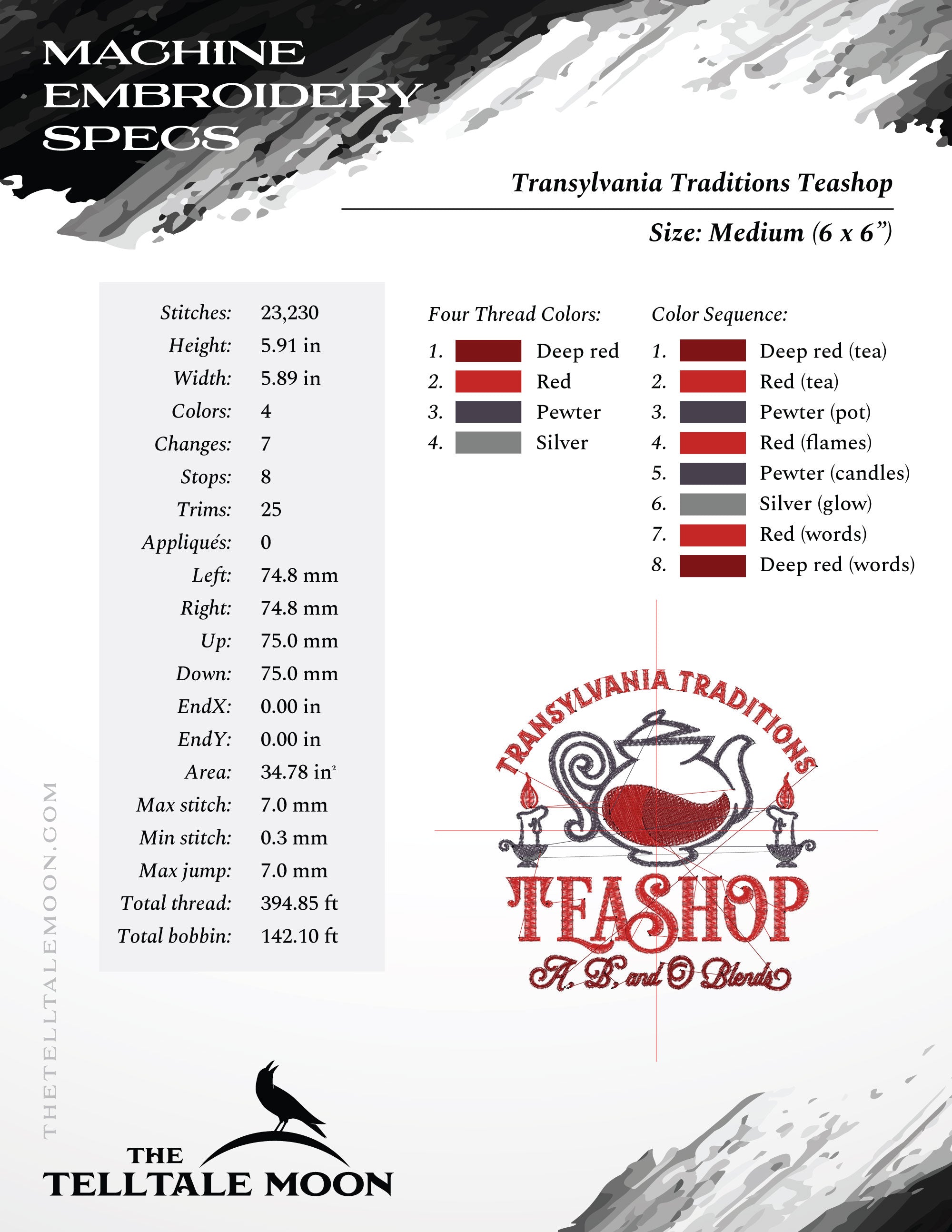 Embroidery: Transylvania Teashop (Four Sizes Between 4 and 7 Inches)