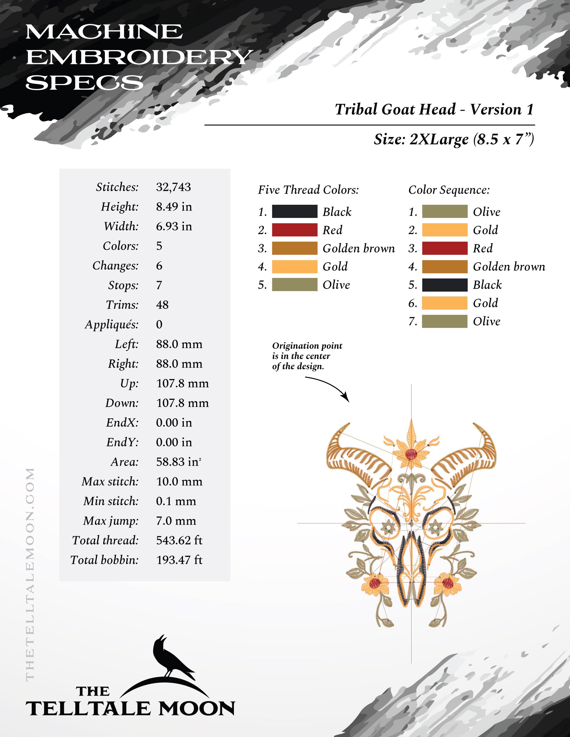 Embroidery: Ornate Goat Skull in Six Sizes - 4 to 9 Inches Tall