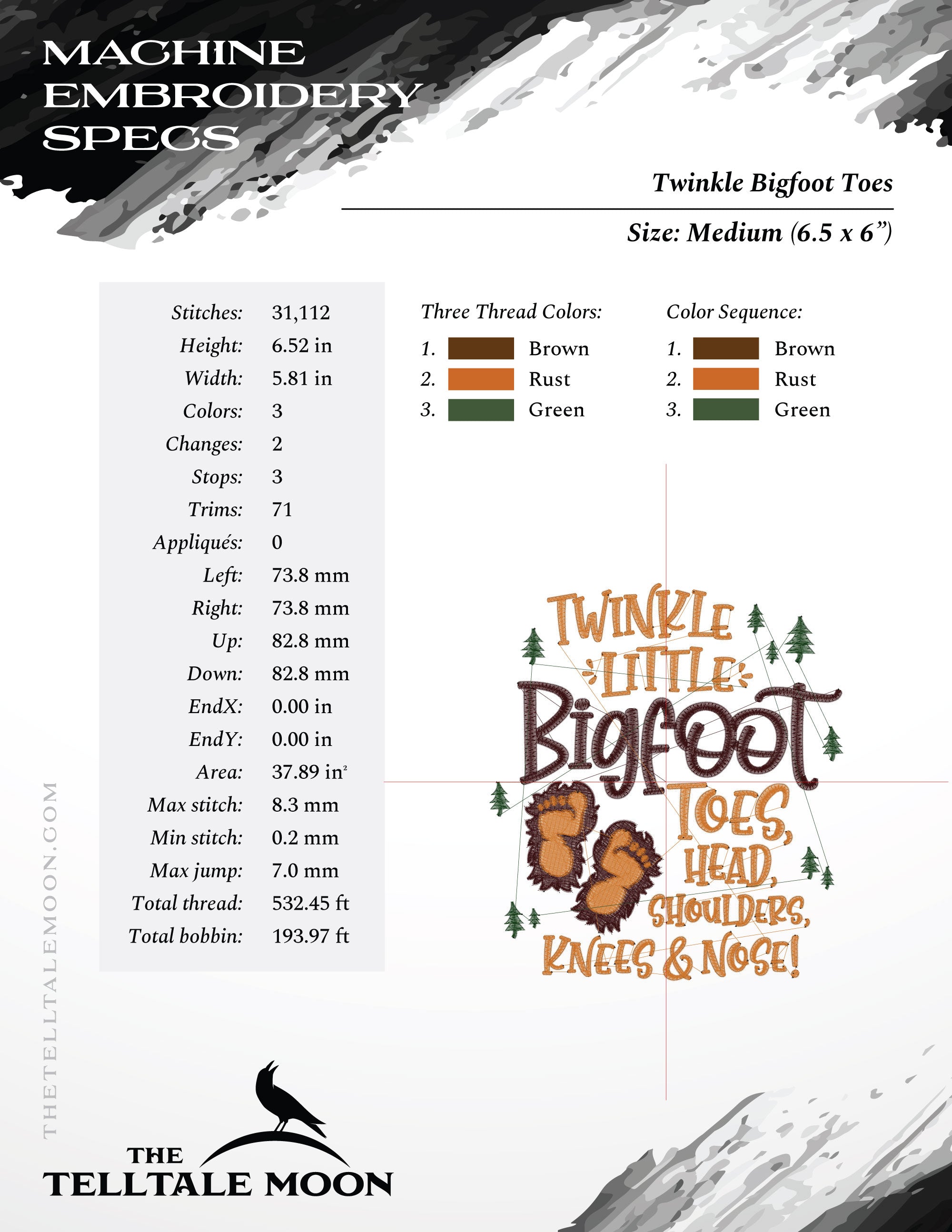 Embroidery: Sasquatch "Twinkle Bigfoot Toes" - Three Sizes 6, 6.5, and 7.75 Inches - Three Thread Colors