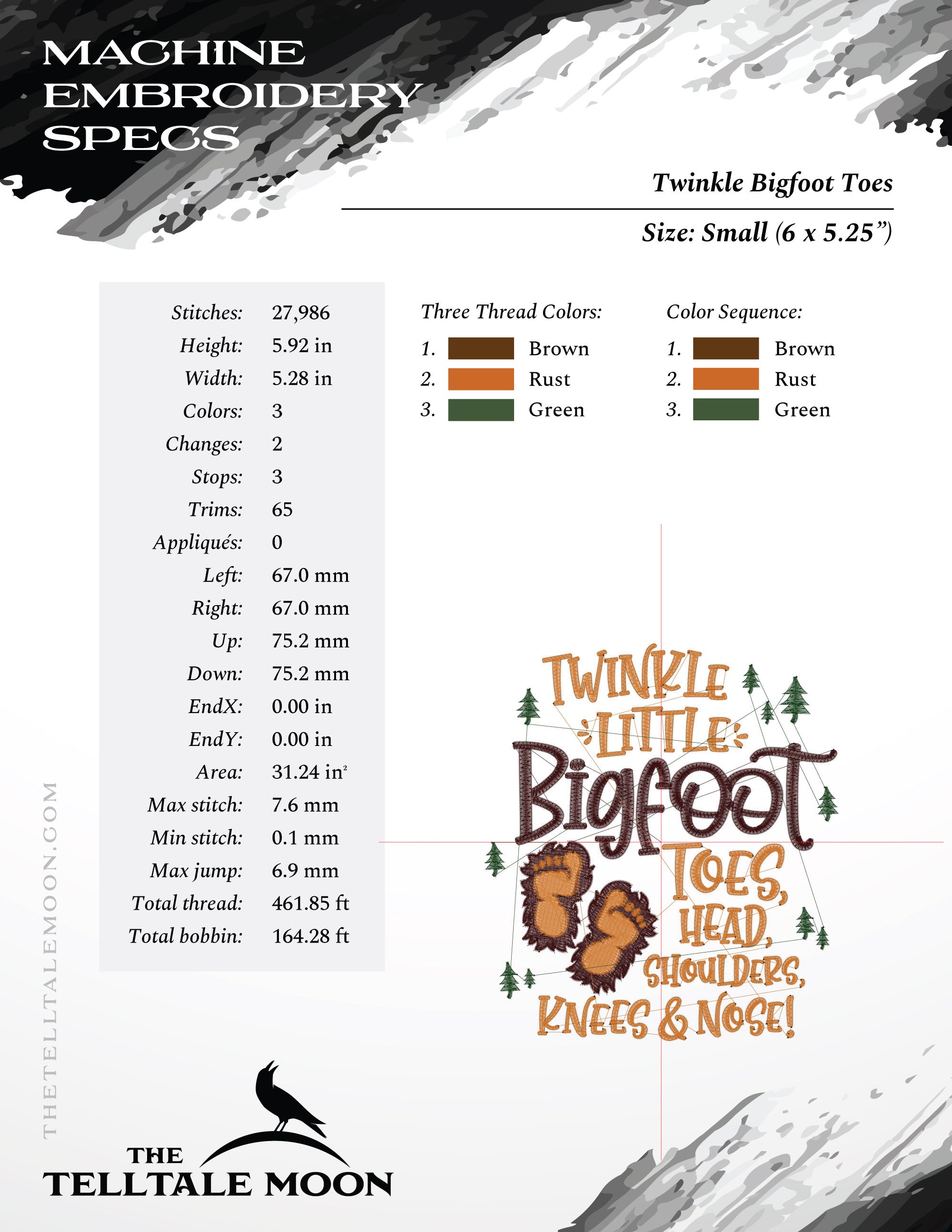 Embroidery: Sasquatch "Twinkle Bigfoot Toes" - Three Sizes 6, 6.5, and 7.75 Inches - Three Thread Colors