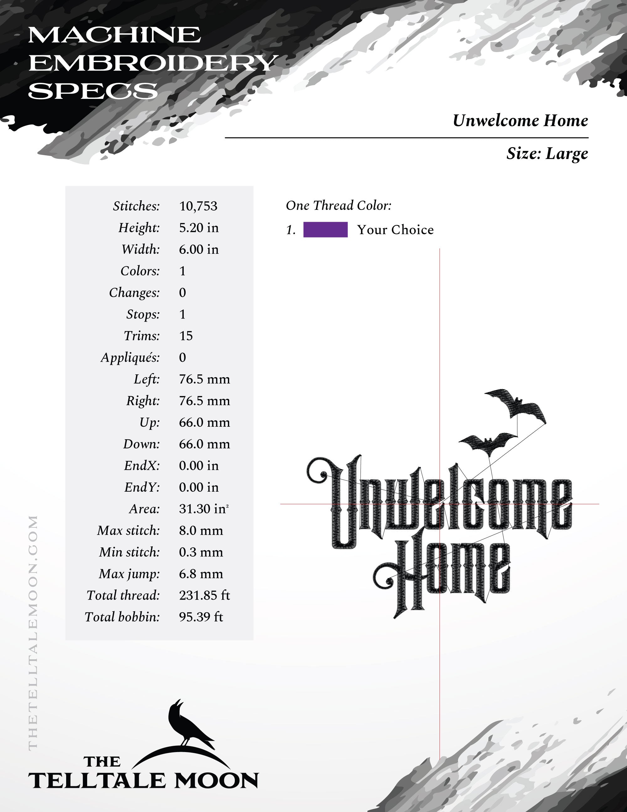 Embroidery: Gothic "Unwelcome Home" Inspired by Haunted Mansion (Four Sizes, One Thread Color)