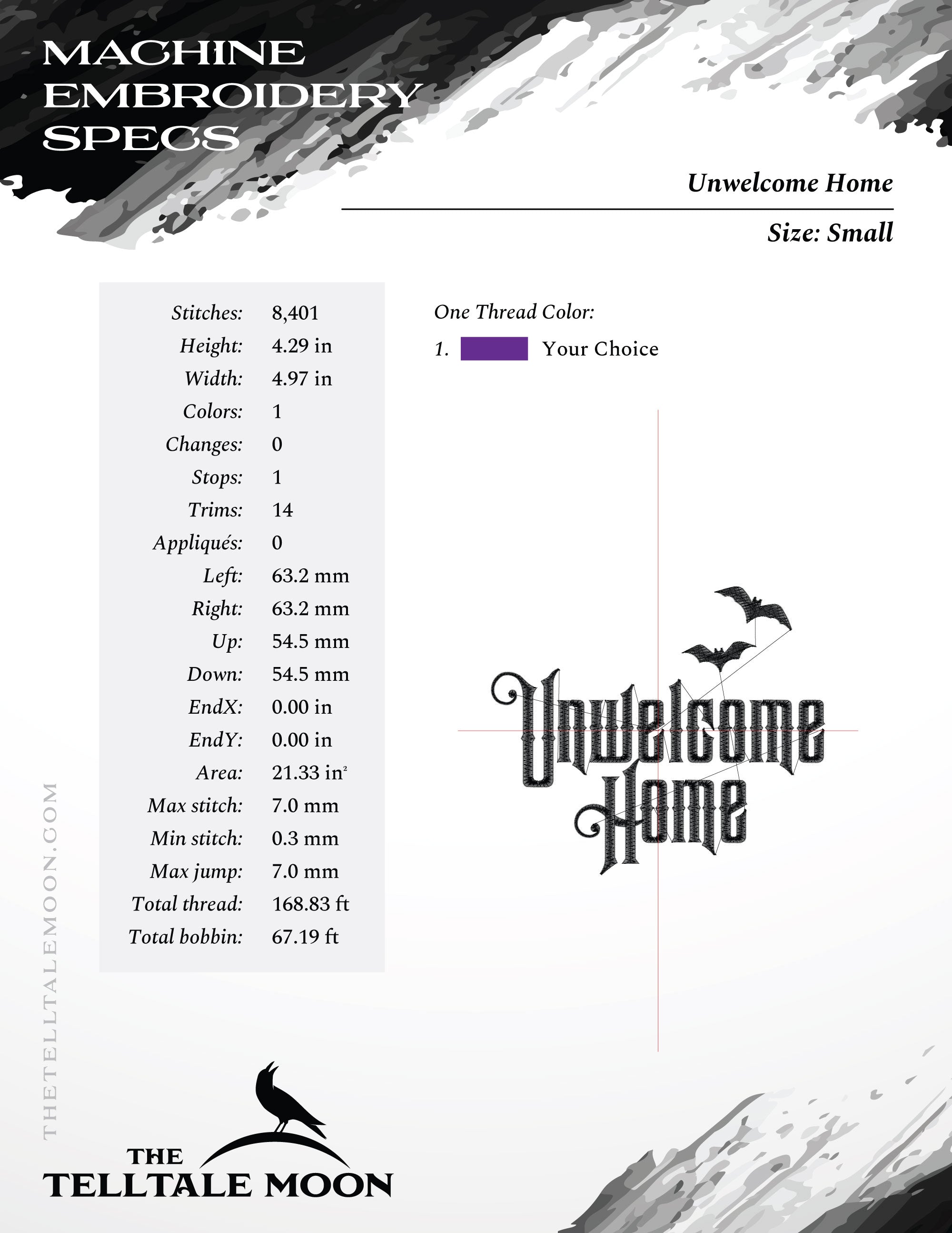 Embroidery: Gothic "Unwelcome Home" Inspired by Haunted Mansion (Four Sizes, One Thread Color)