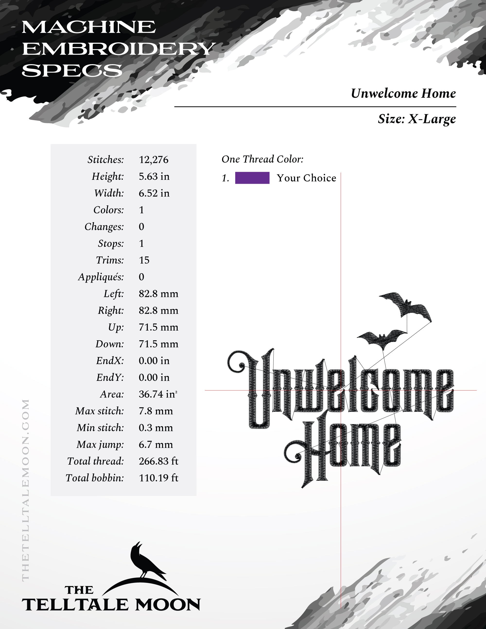 Embroidery: Gothic "Unwelcome Home" Inspired by Haunted Mansion (Four Sizes, One Thread Color)