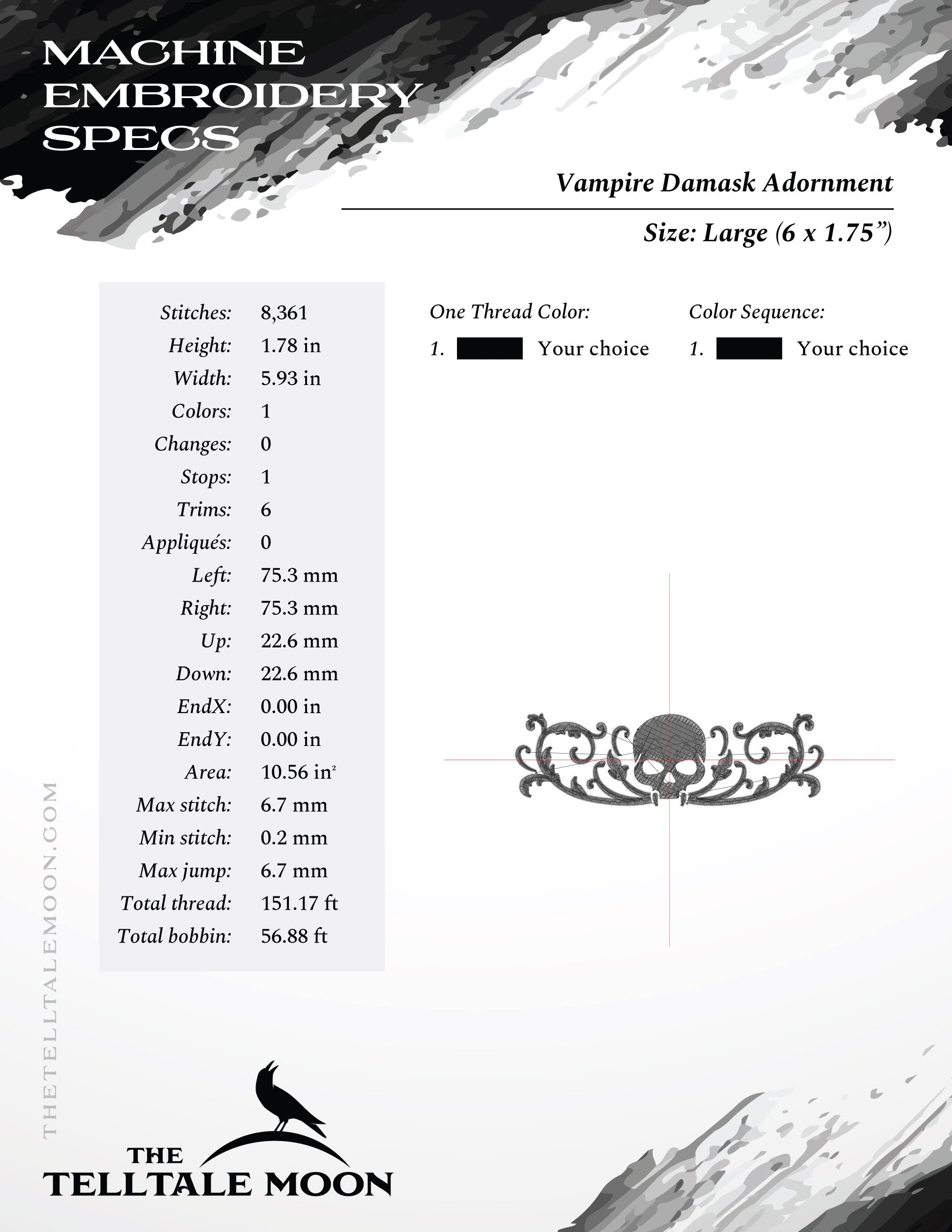 Vampire Skull Damask Embroidery Design – Four Sizes 4 to 7 Inches