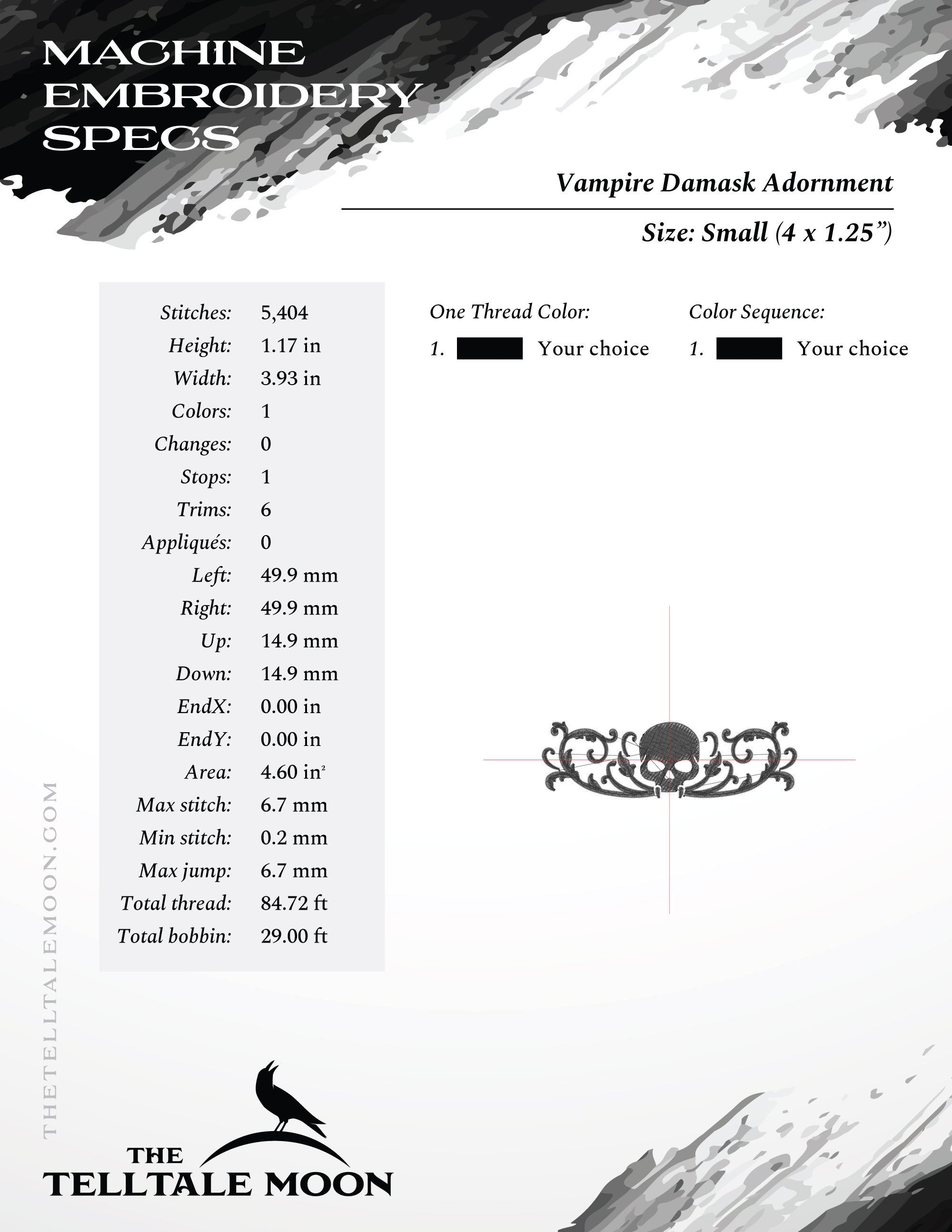Vampire Skull Damask Embroidery Design – Four Sizes 4 to 7 Inches