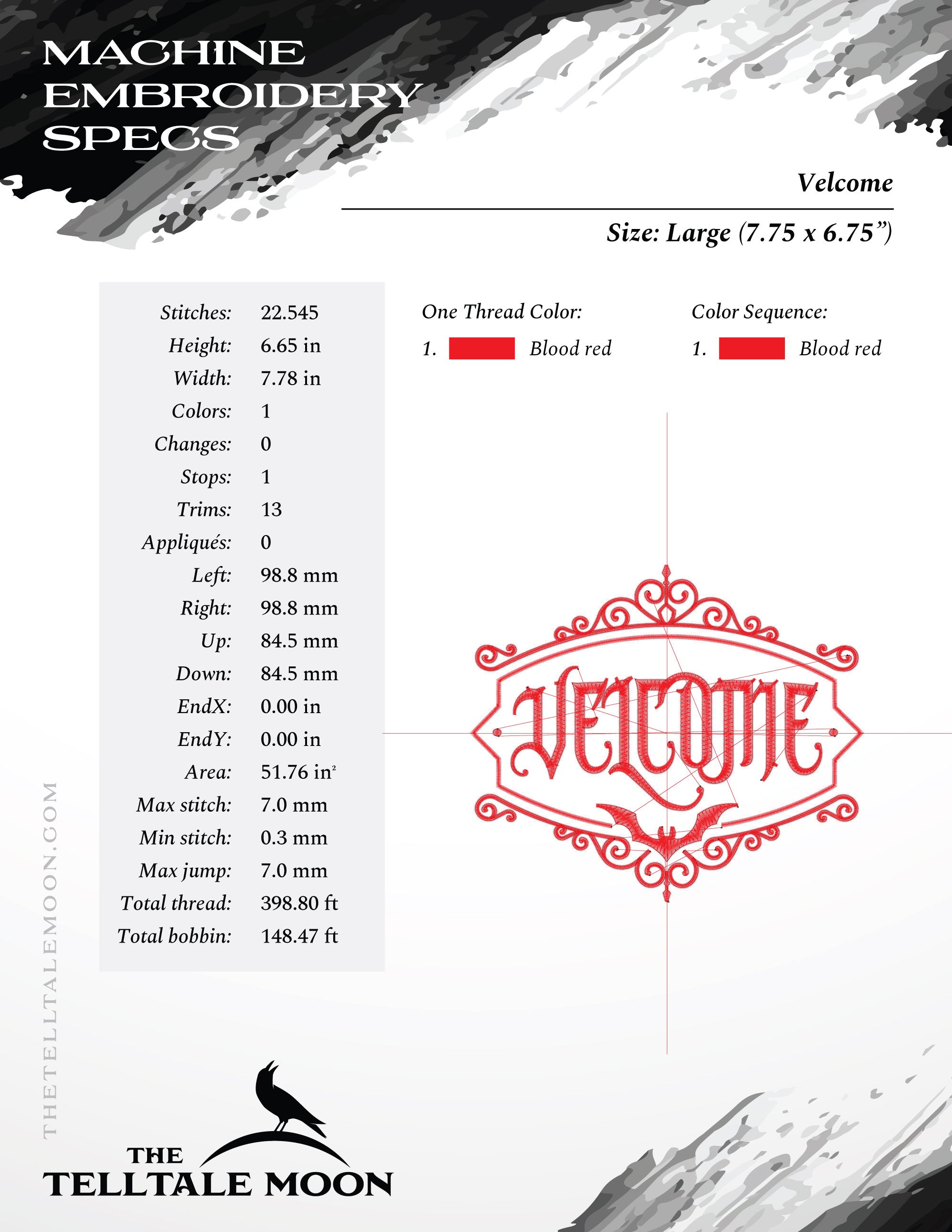 Embroidery Files: "Velcome" Vampire Theme - Four Sizes 5, 6, 7, and 8 Inches
