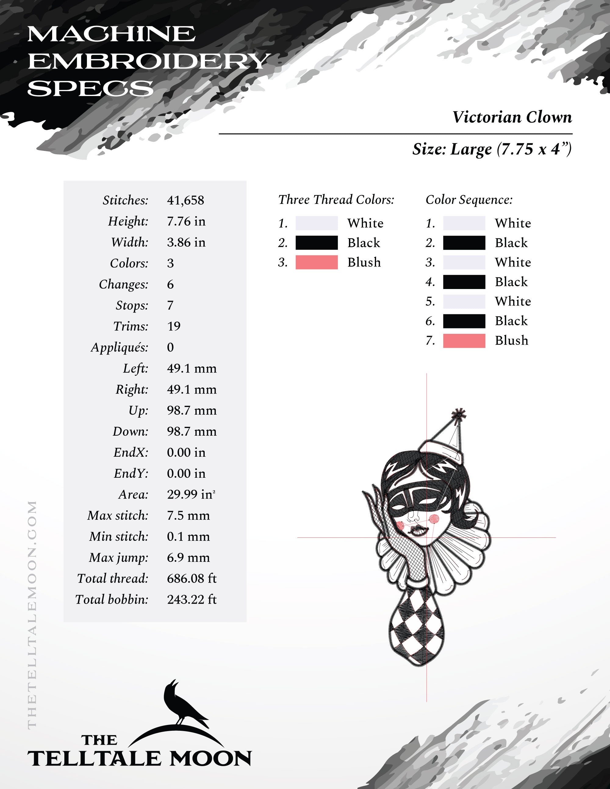 Embroidery Files: Victorian Clown Design in Four Sizes Between 6 and 9 Inches Tall
