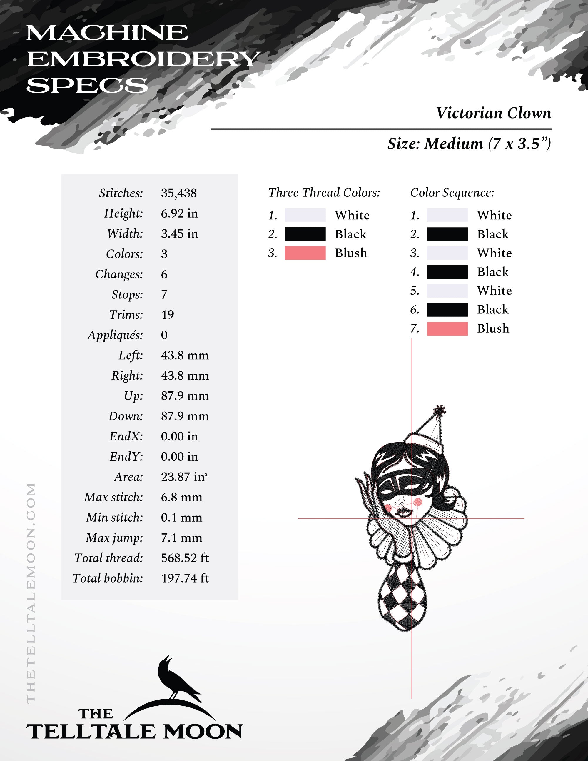 Embroidery Files: Victorian Clown Design in Four Sizes Between 6 and 9 Inches Tall