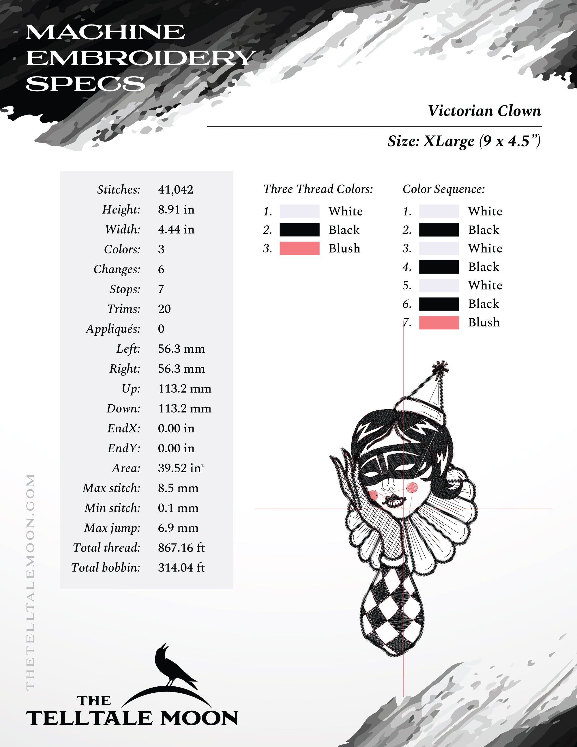Embroidery Files: Victorian Clown Design in Four Sizes Between 6 and 9 Inches Tall