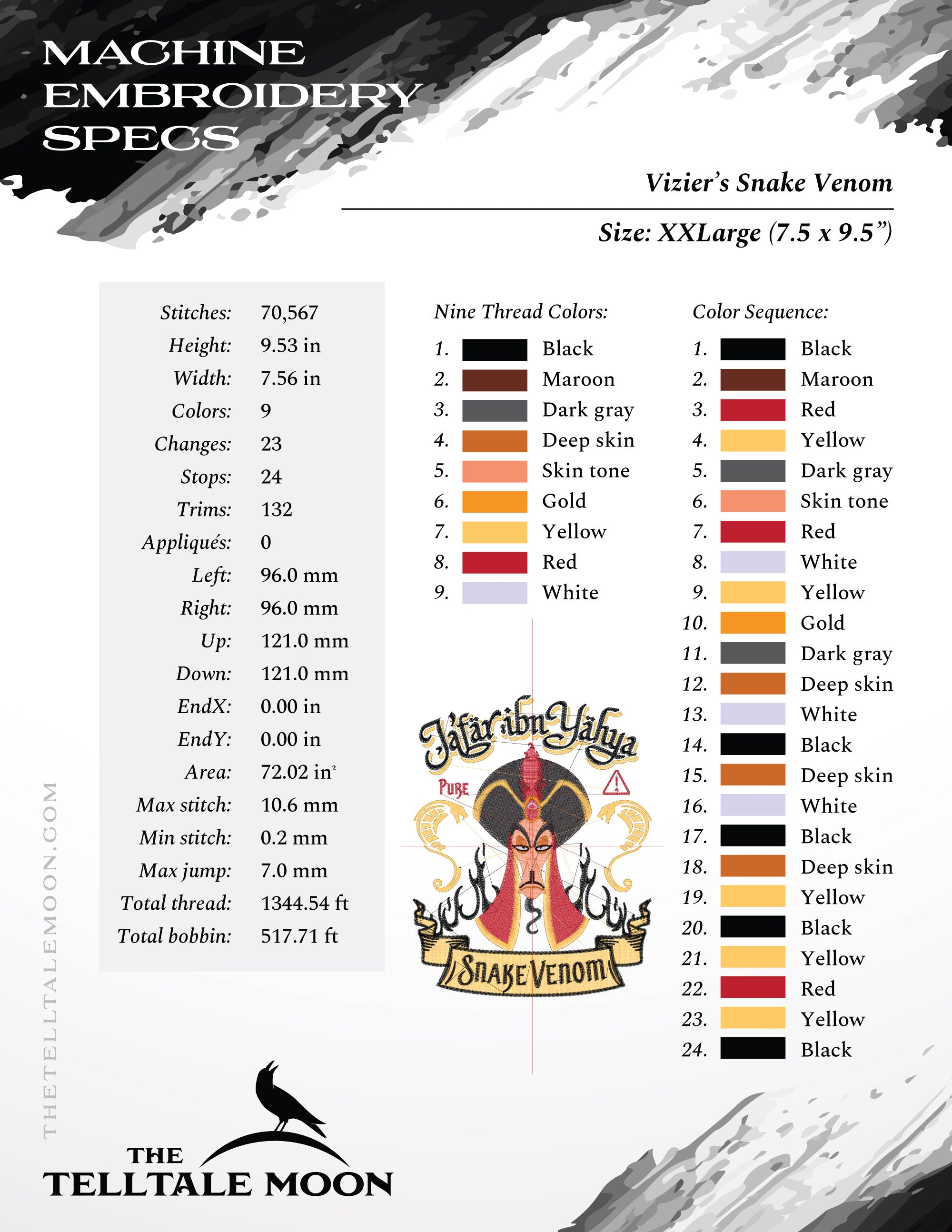 Embroidery Set: Villain Vizier "Snake Venom" Label Design in Four Sizes 6.5 to 9.5 Inches Tall