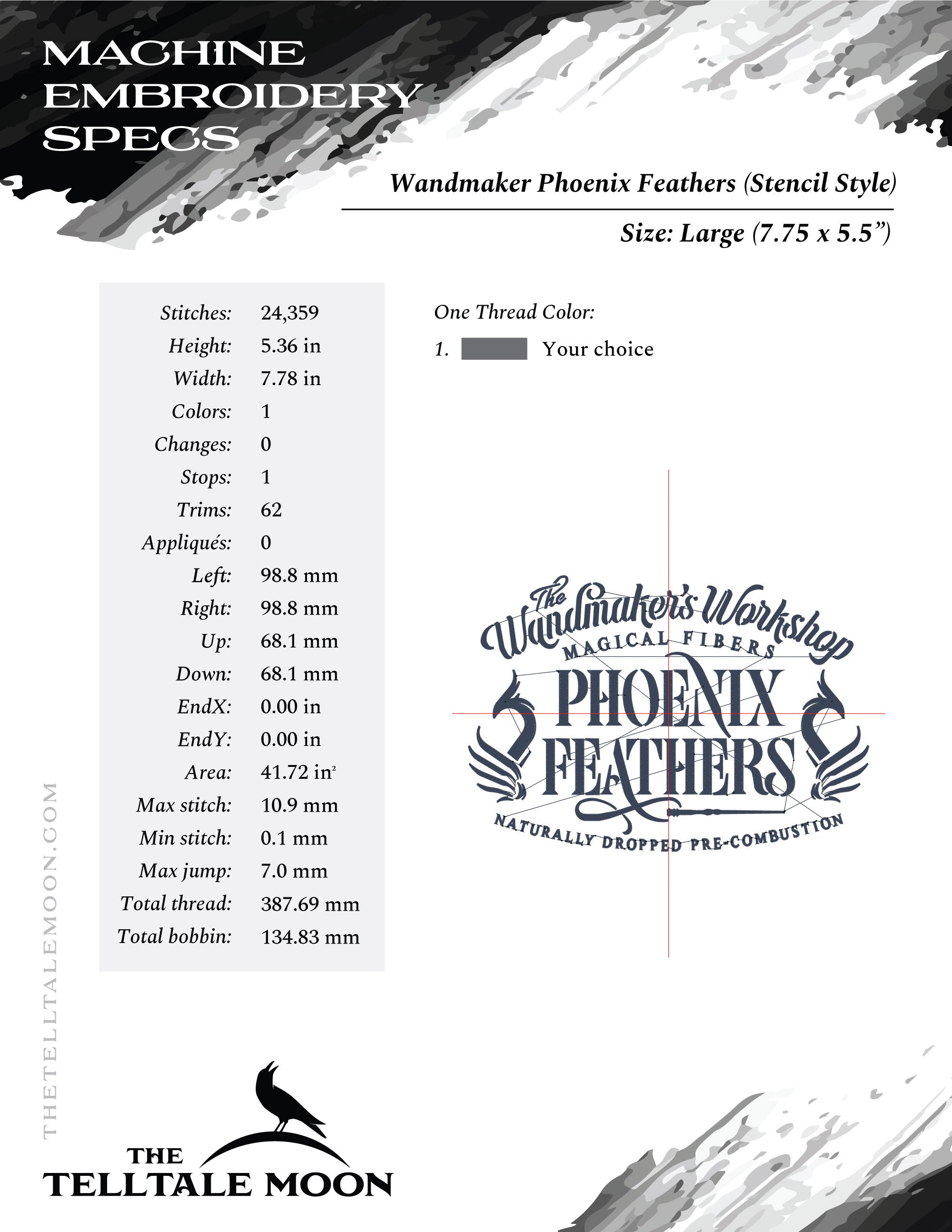 Embroidery: "Wandmaker's Feathers" Stencil-look Design - Four Sizes - One Thread Color