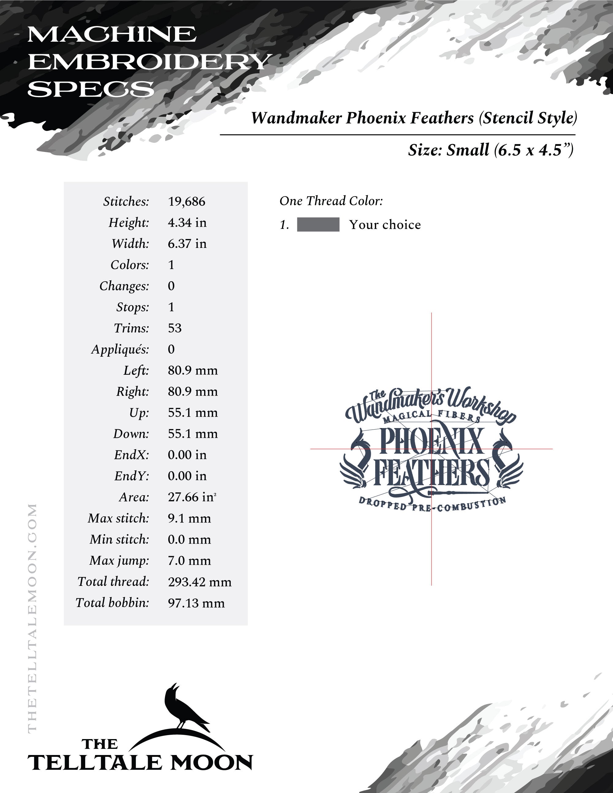 Embroidery: "Wandmaker's Feathers" Stencil-look Design - Four Sizes - One Thread Color