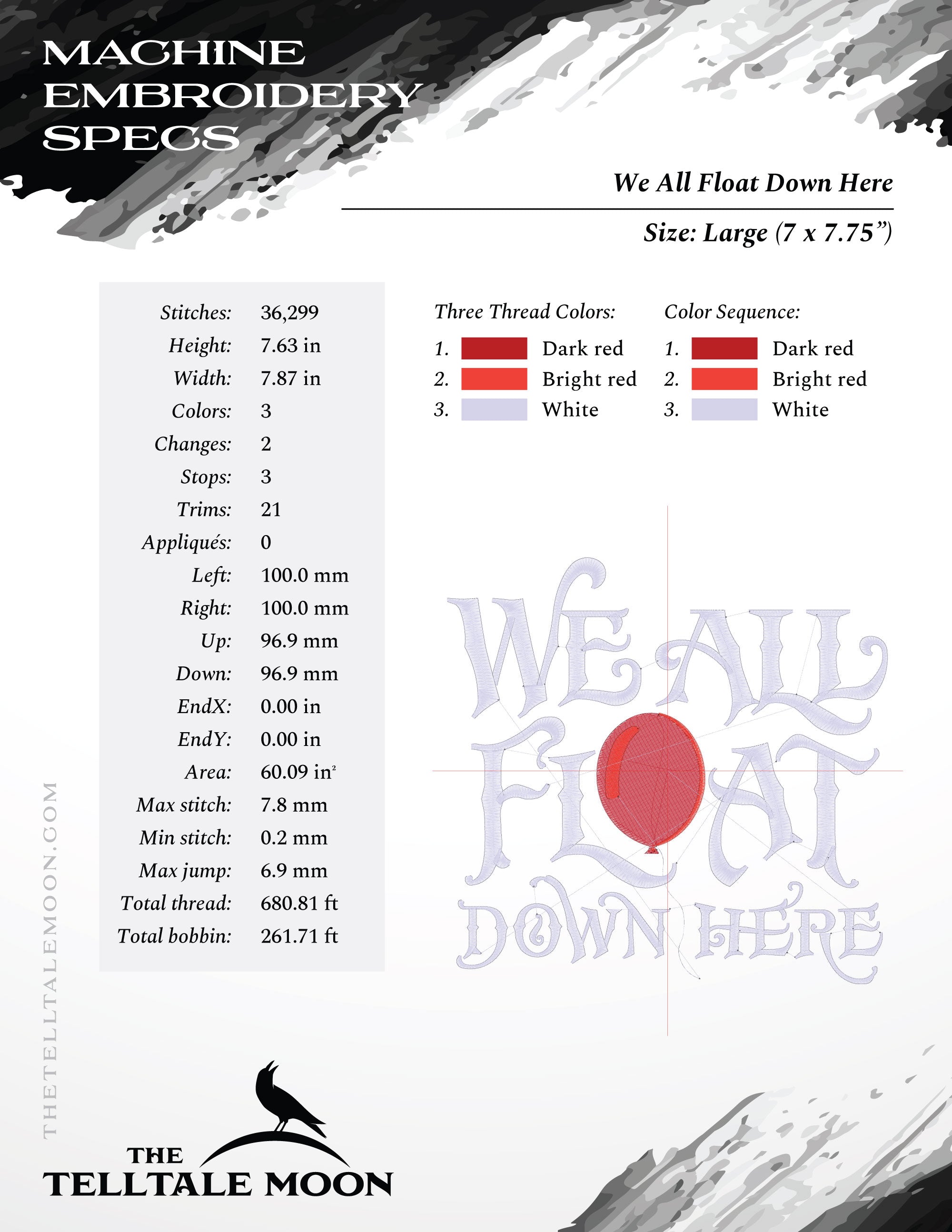 Machine Embroidery: "We All Float Down Here" Horror Theme - 4, 5, 8, and 9 Inches Square)