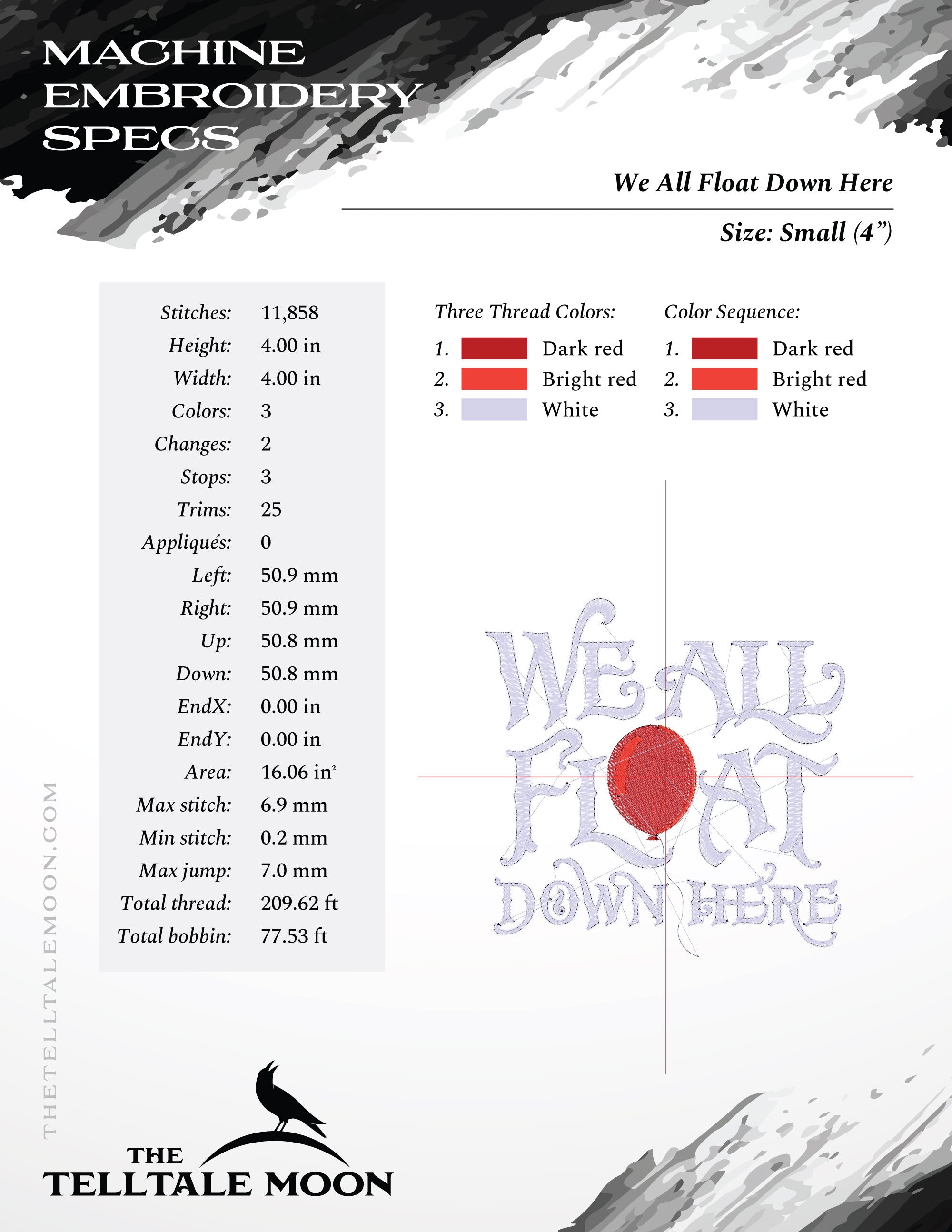 Machine Embroidery: "We All Float Down Here" Horror Theme - 4, 5, 8, and 9 Inches Square)