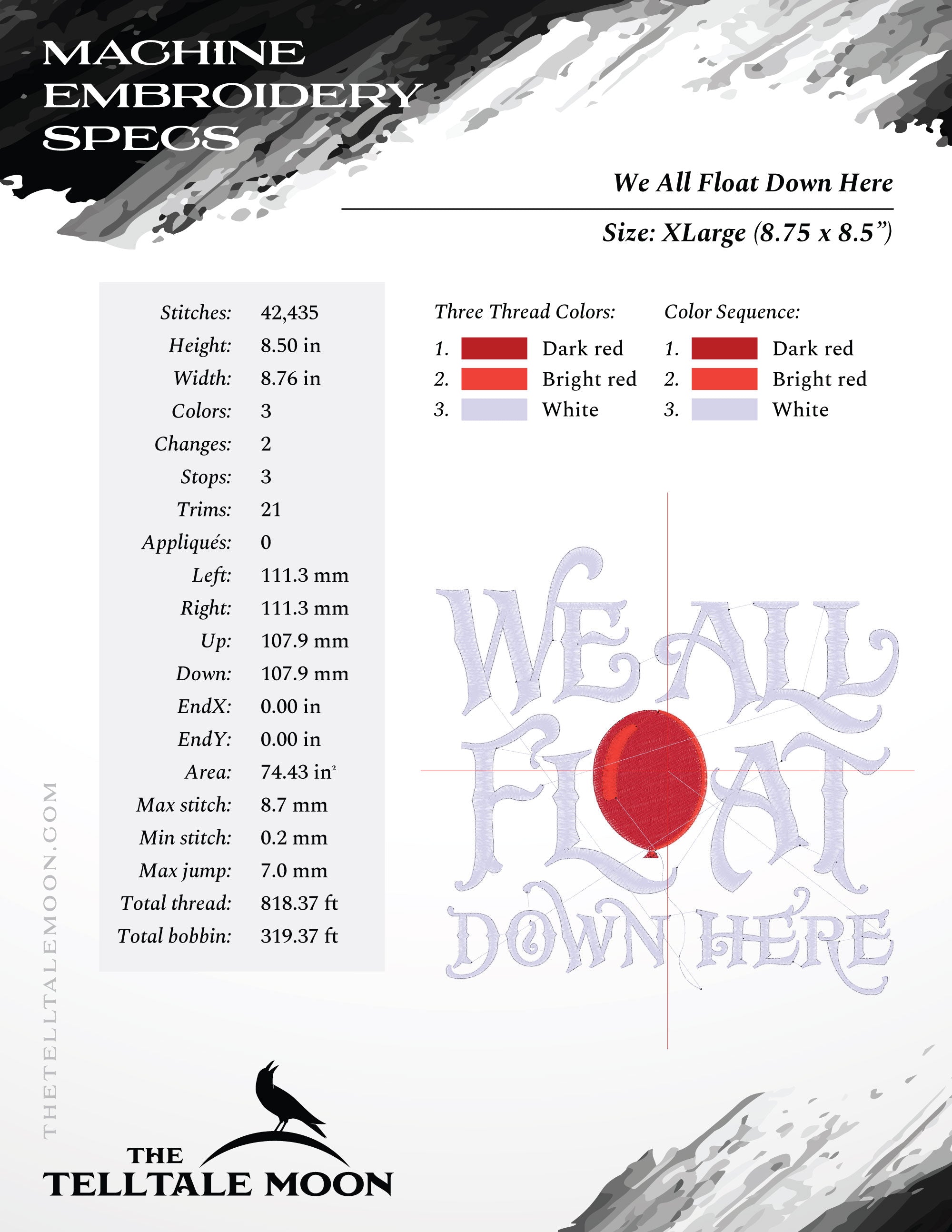 Machine Embroidery: "We All Float Down Here" Horror Theme - 4, 5, 8, and 9 Inches Square)