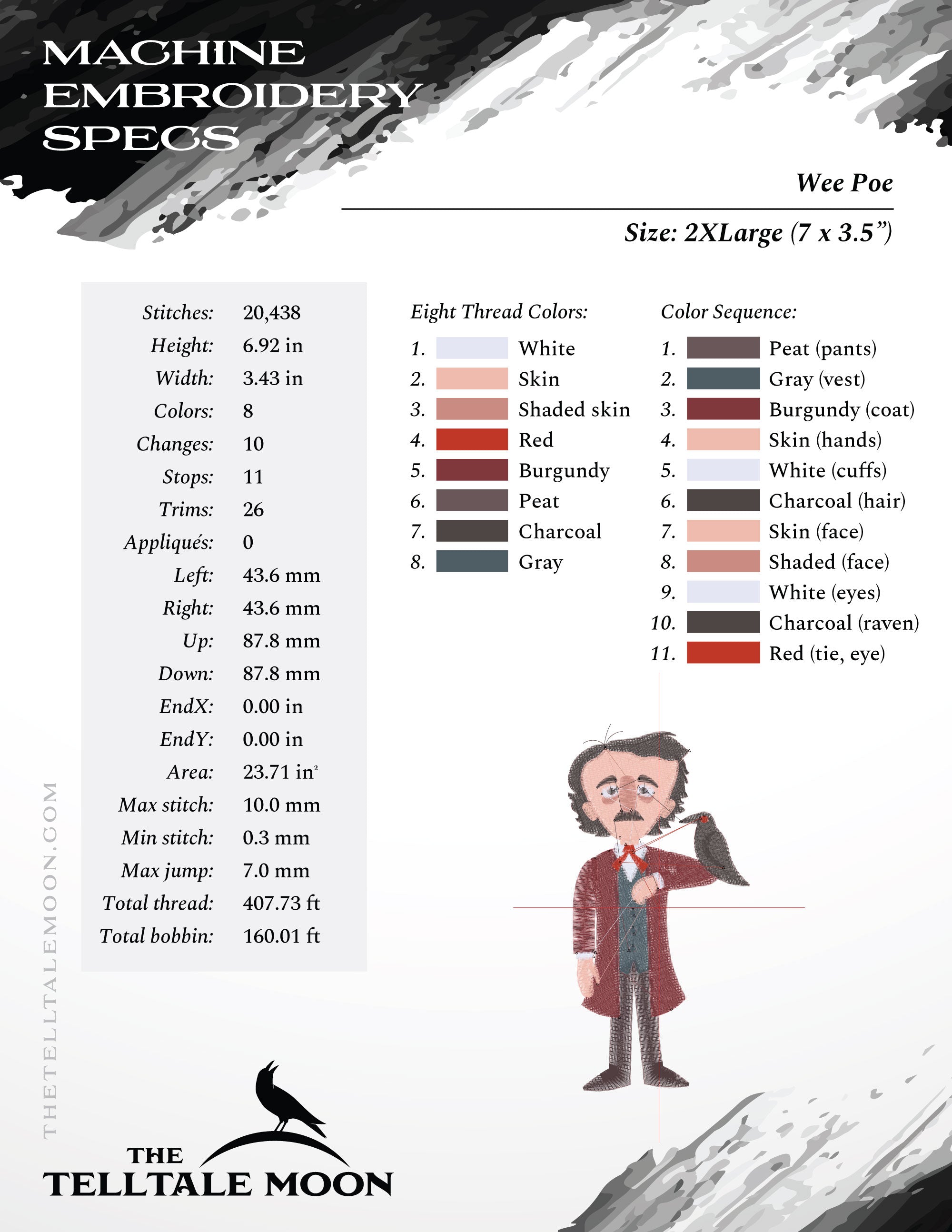 Embroidery: Wee Edgar Allen Poe Character - 4, 5, 6, and 7 Inches