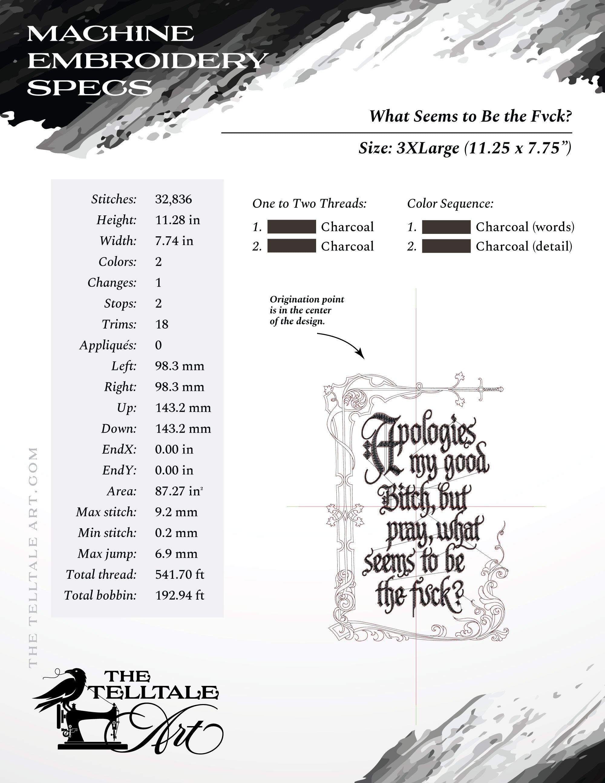 “Apologies" Medieval Humor Embroidery – Gothic Blackletter Design – 5 to 14 Inches Tall
