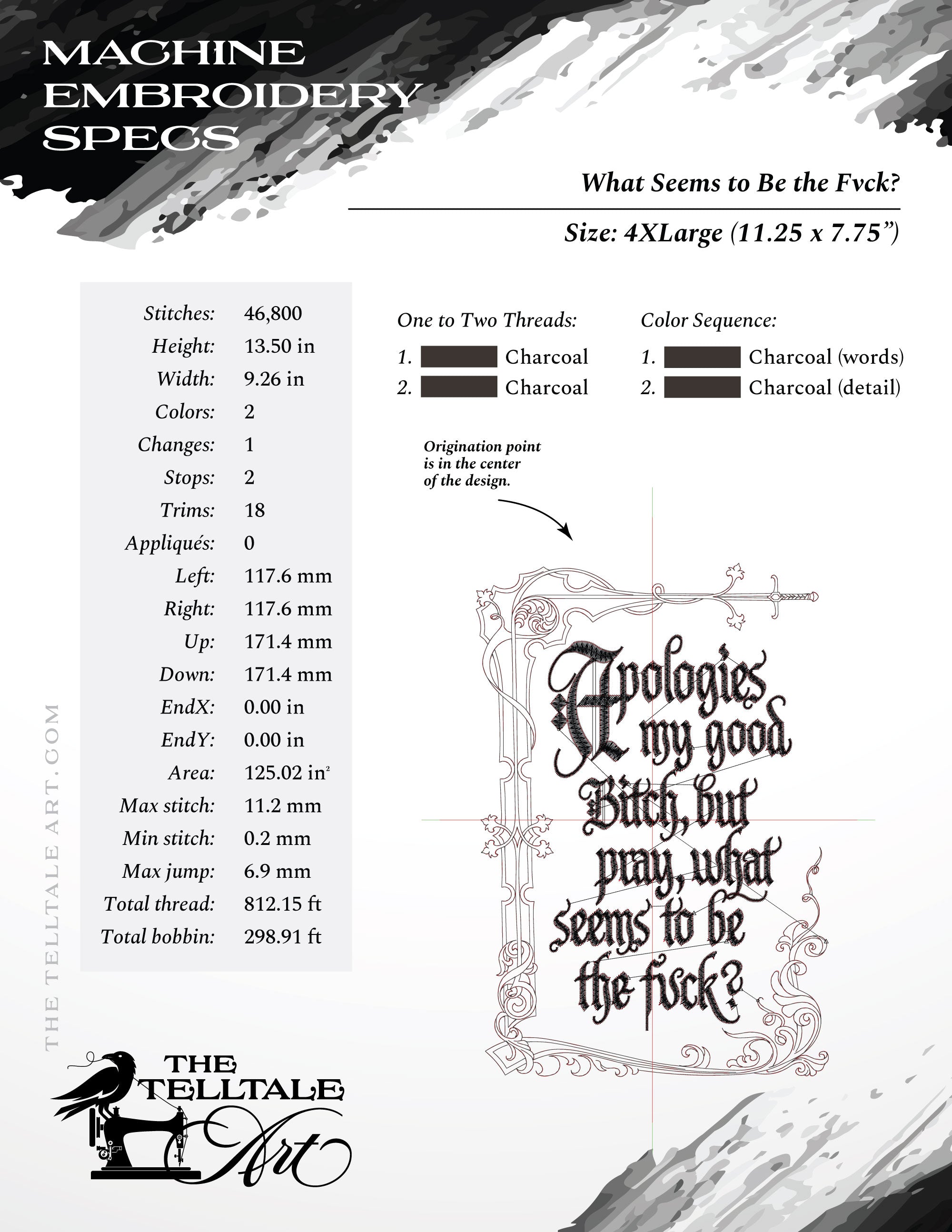 “Apologies" Medieval Humor Embroidery – Gothic Blackletter Design – 5 to 14 Inches Tall