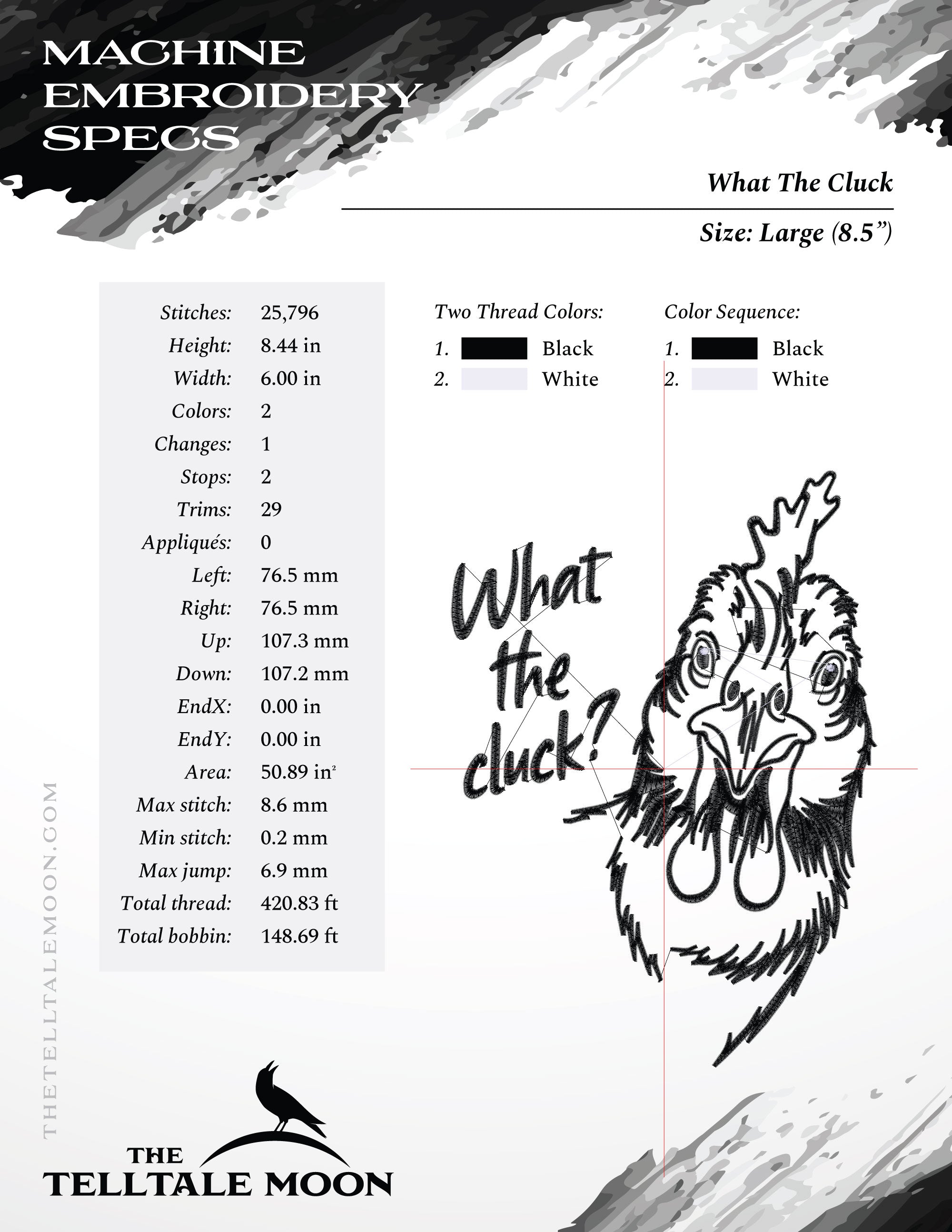 Machine Embroidery: "What the Cluck" Chicken Humor, 7 and 8.5 Inches High, Two Thread Colors