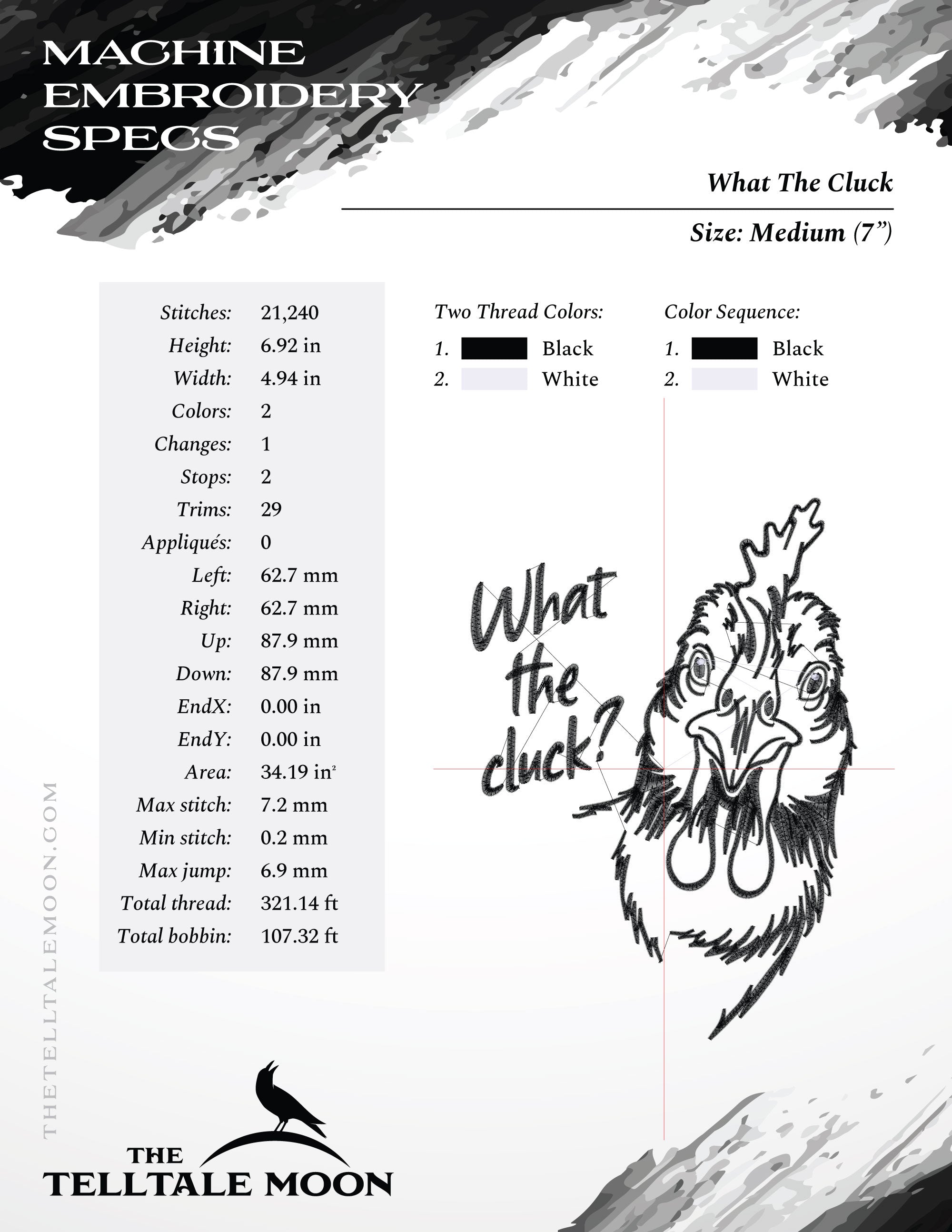 Machine Embroidery: "What the Cluck" Chicken Humor, 7 and 8.5 Inches High, Two Thread Colors