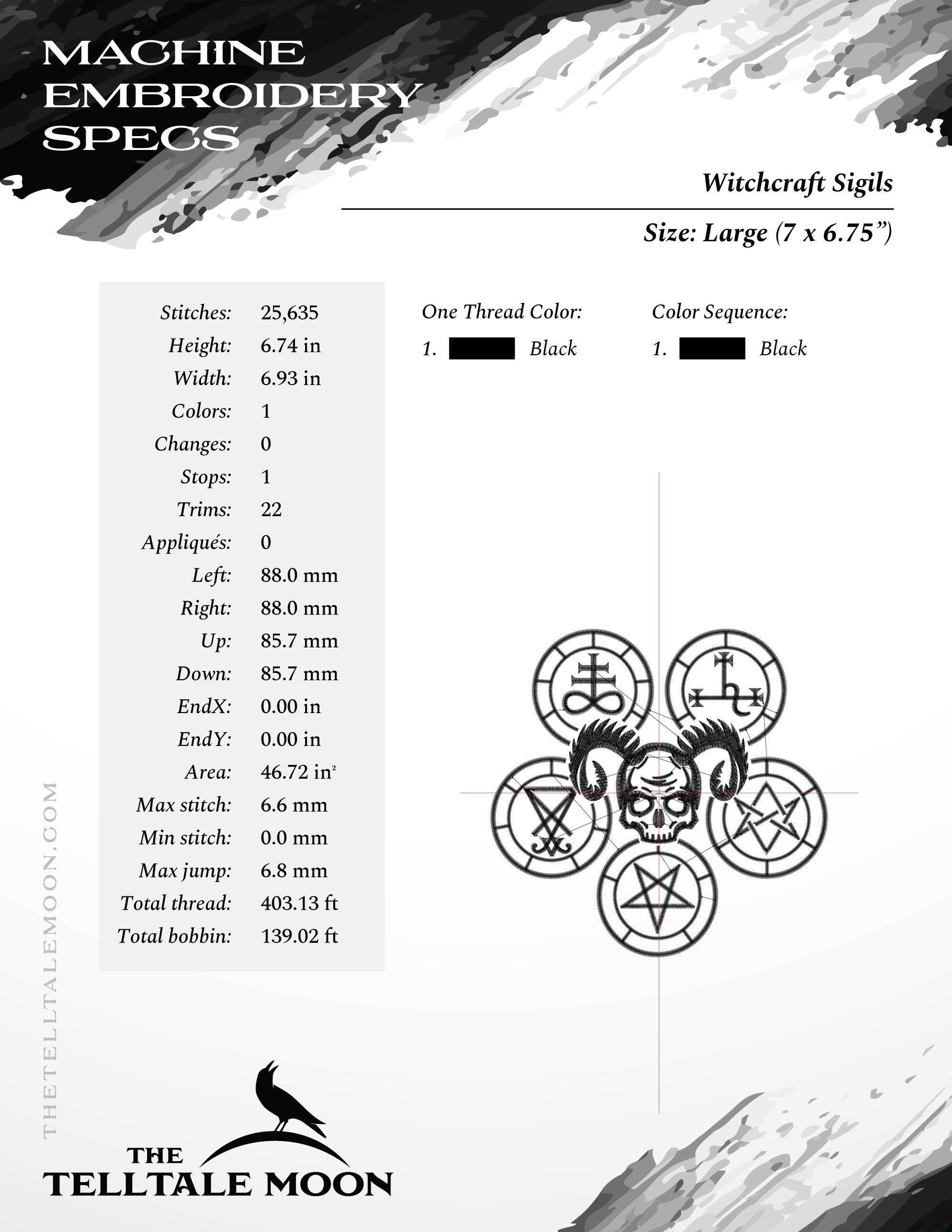 Embroidery Files: Witchcraft Sigil Design in Six Sizes Between 5 and 10 Inches