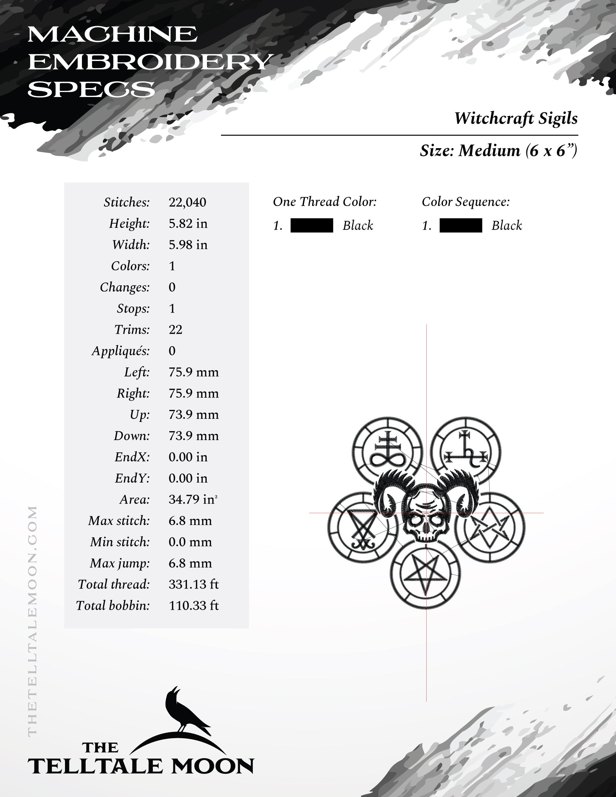 Embroidery Files: Witchcraft Sigil Design in Six Sizes Between 5 and 10 Inches