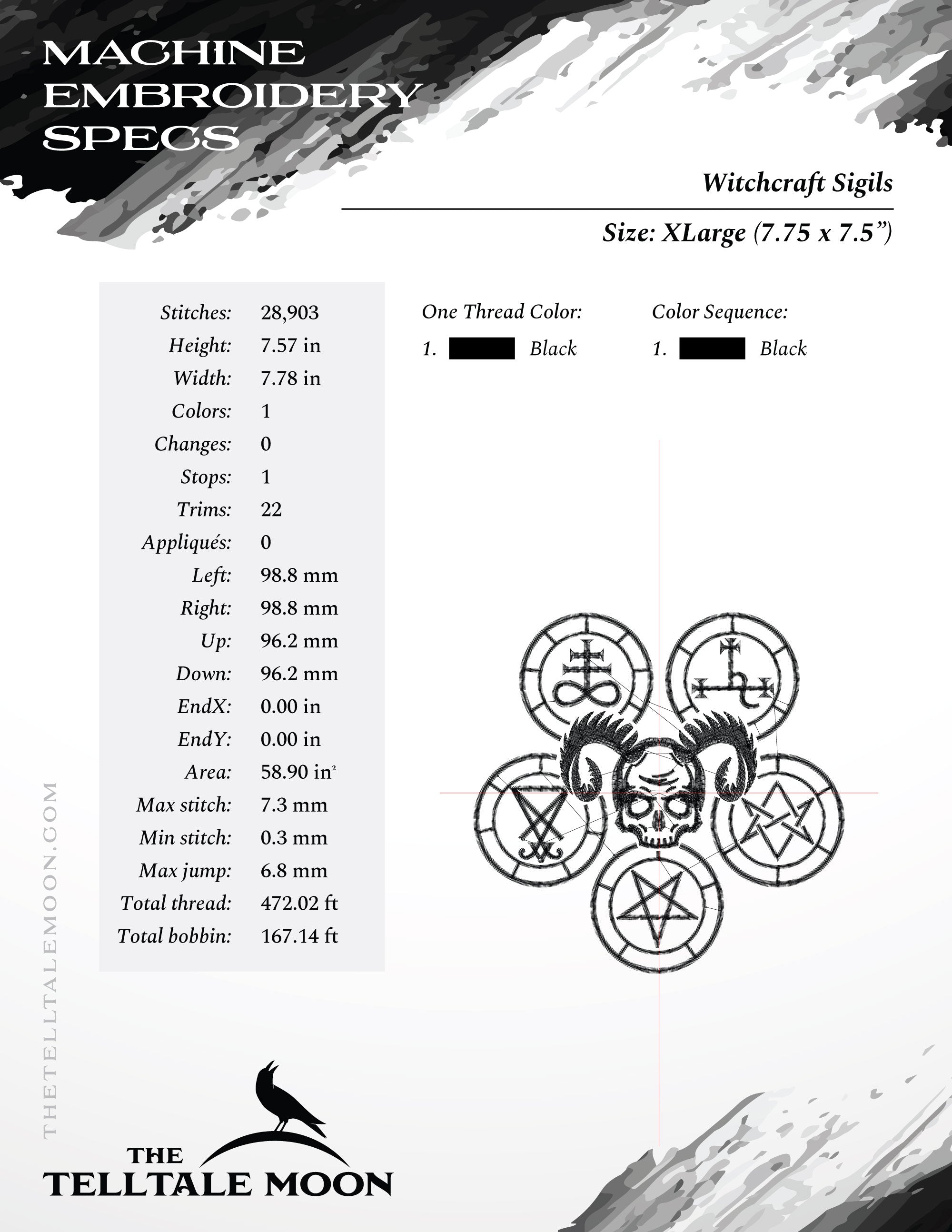 Embroidery Files: Witchcraft Sigil Design in Six Sizes Between 5 and 10 Inches