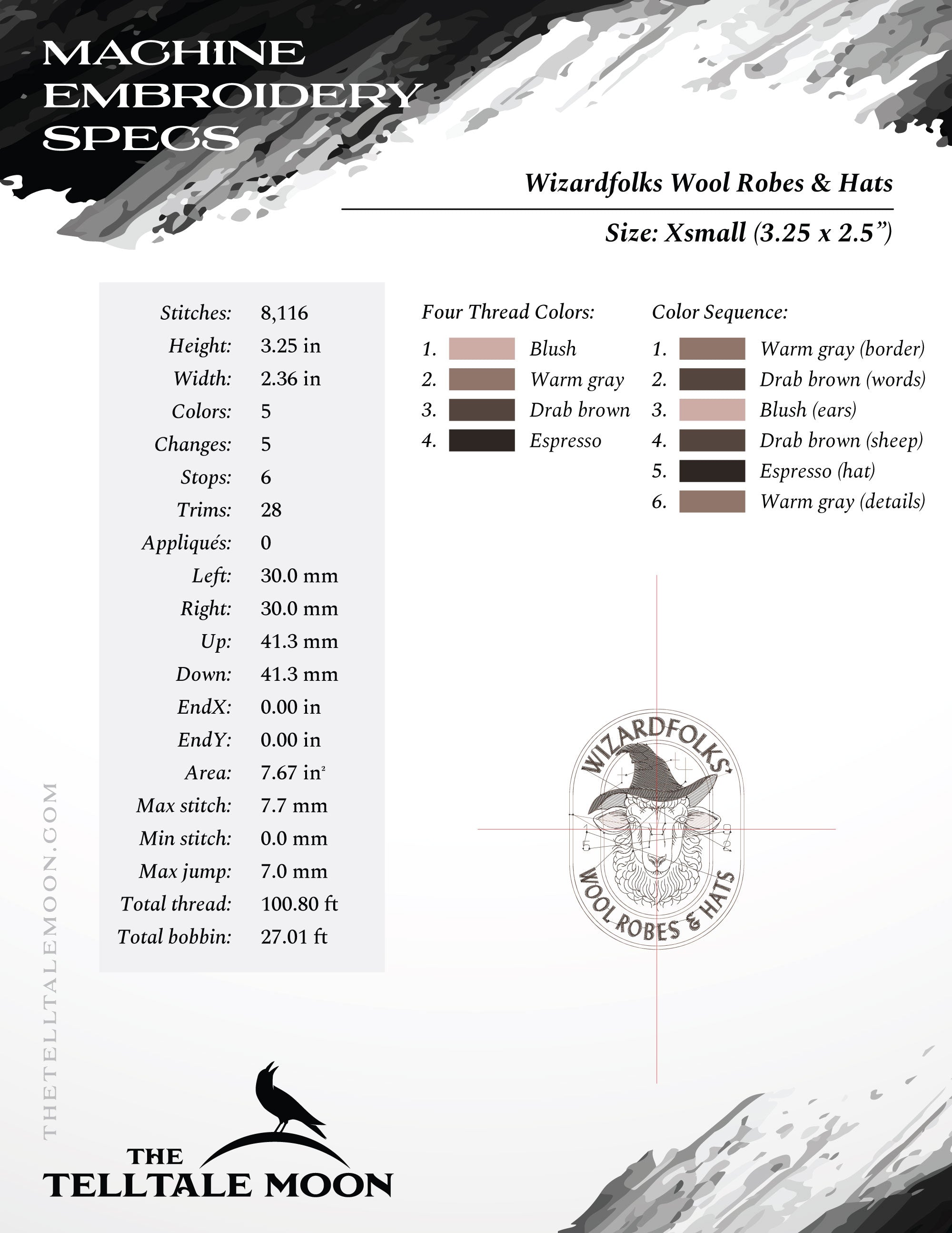 Embroidery: Wizard Wool Robes & Hats (3.5, 4, 5, 6, and 7 Inches Tall, Four Colors)