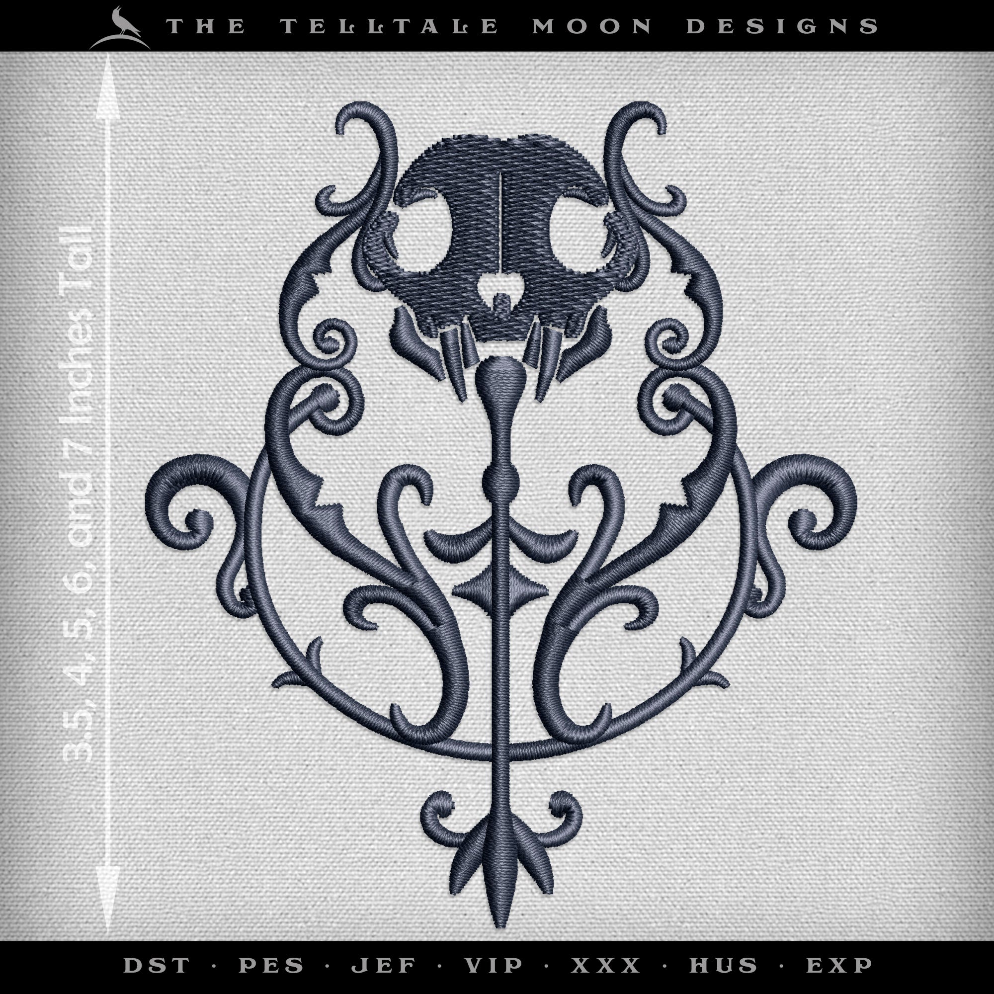 Embroidery: Cat Skull Ornate Talisman in Five Sizes - 3.5 to 7 Inches Tall