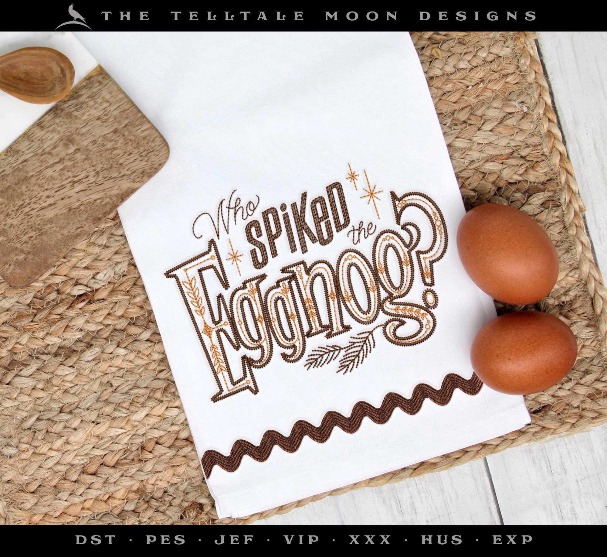 Embroidery: Run-stitch "Who Spiked the Eggnog" Retro-look Design - Six Sizes Between 5 and 11.5 Inches Wide